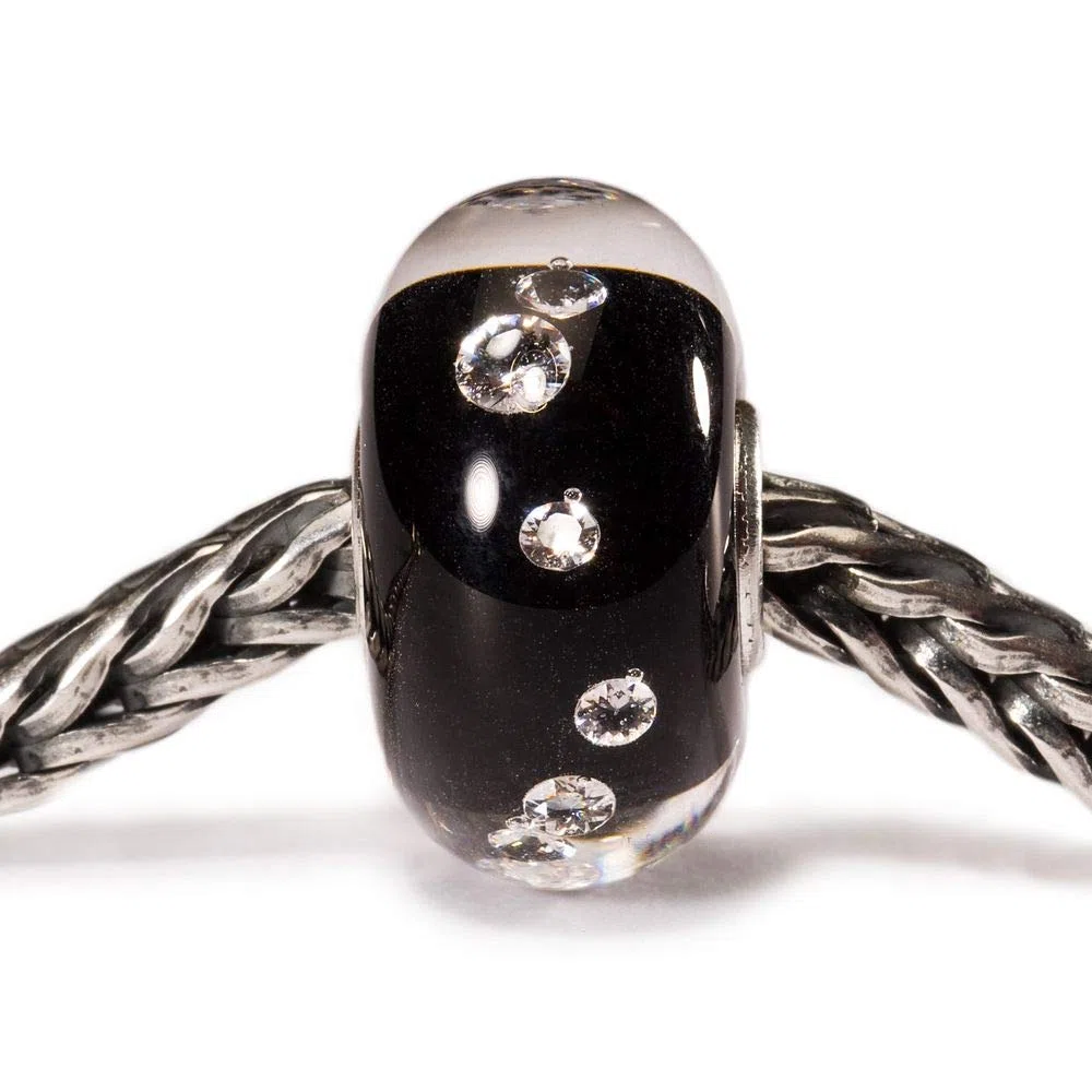 Trollbeads Universal Diamond Bead, charm in vetro lavorato a mano, colore nero, in vetro e zirconia cubica, collezione Universals, progettato da Lise Aagaard, Vetro Zirconia cubica, Cristallo /