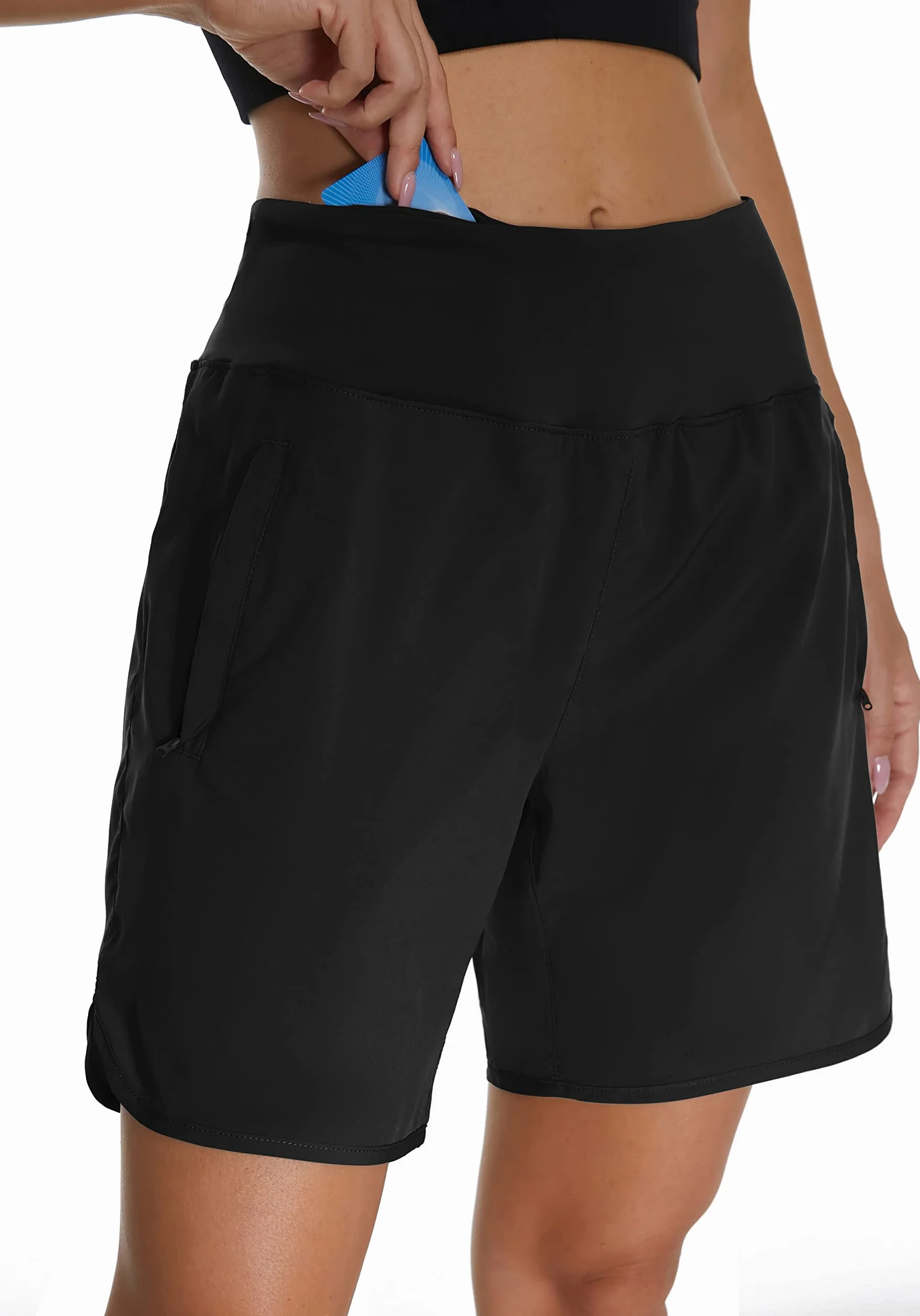 Pantaloncini Sportivi Running Donna Vita Alta Traspiranti con Slip Interni e Tasche Posteriori Cerniera