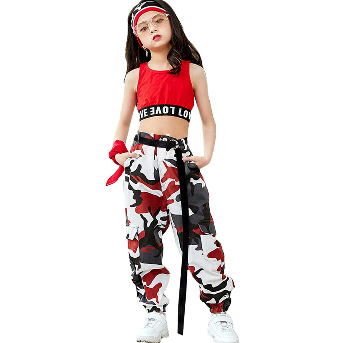LOLANTA 2 Pezzi Ragazze Hip Hop Street Dance Solo Set, Crop Tank Top + Pantaloni Jogger mimetici