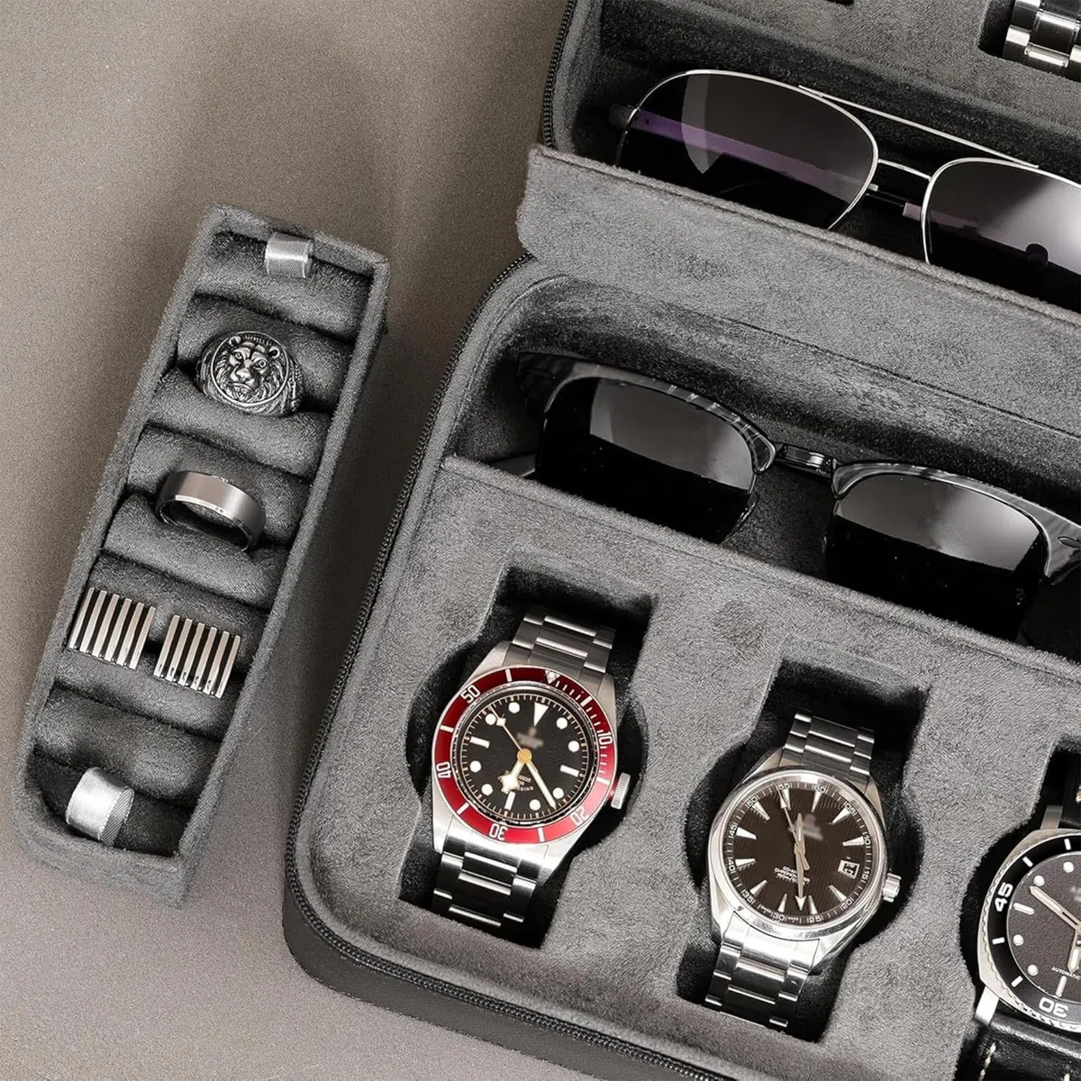 ROTHWELL Custodia da viaggio per 8 orologi, per 8 orologi, 2 paia di occhiali da sole, anelli e gemelli, resistente protezione portatile con cerniera, adatta a tutti gli orologi da polso e smartwatch
