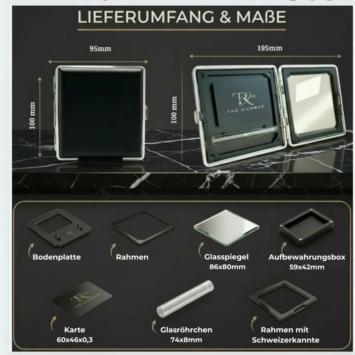 Set da tabacco "The Richman Premium" – Lussuoso, discreto & completamente magnetico! | Stile & funzionalità perfettamente combinati Tubo da tabacco in vetro, specchio & carta | 9 parti magnetiche per