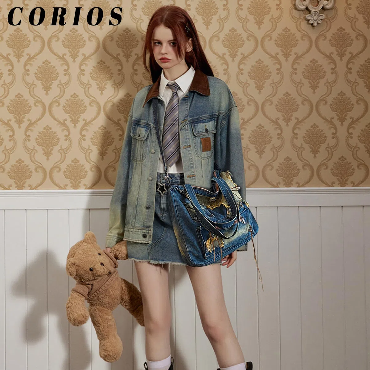 CORIOS Borsa a Tracolla Donna in Denim Grande Capacità a Mano e Spalla in Jeans Casuale Tote Leggero Messenger Retro per la Spesa Blu