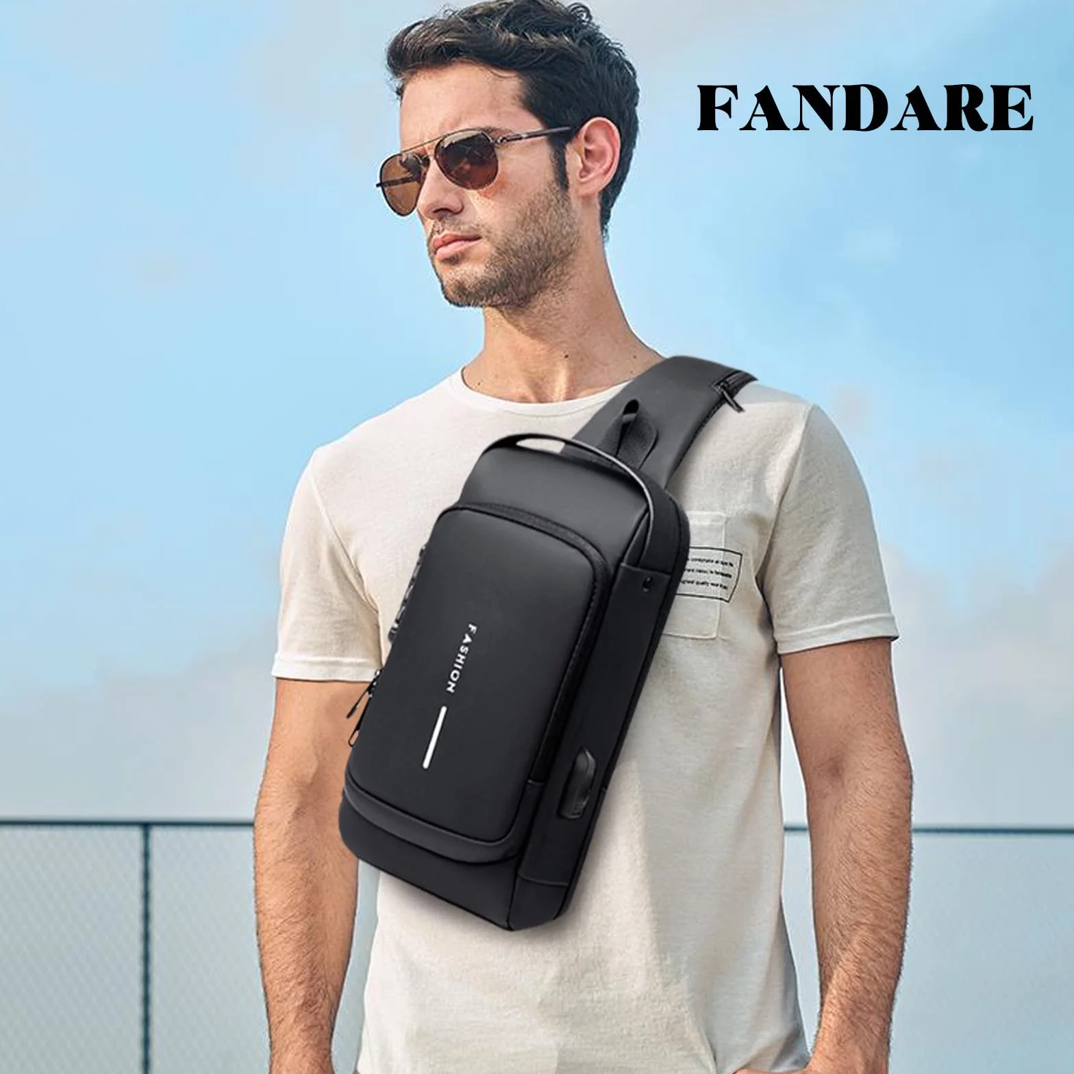 FANDARE Antifurto Zaino Monospalla Uomo Borse piccole a tracolla con USB Business Borsa a Spalla Impermeabile PU per Scuola Outdoor Ciclismo Viaggio Hiking Multitasche Piccolo Zaino