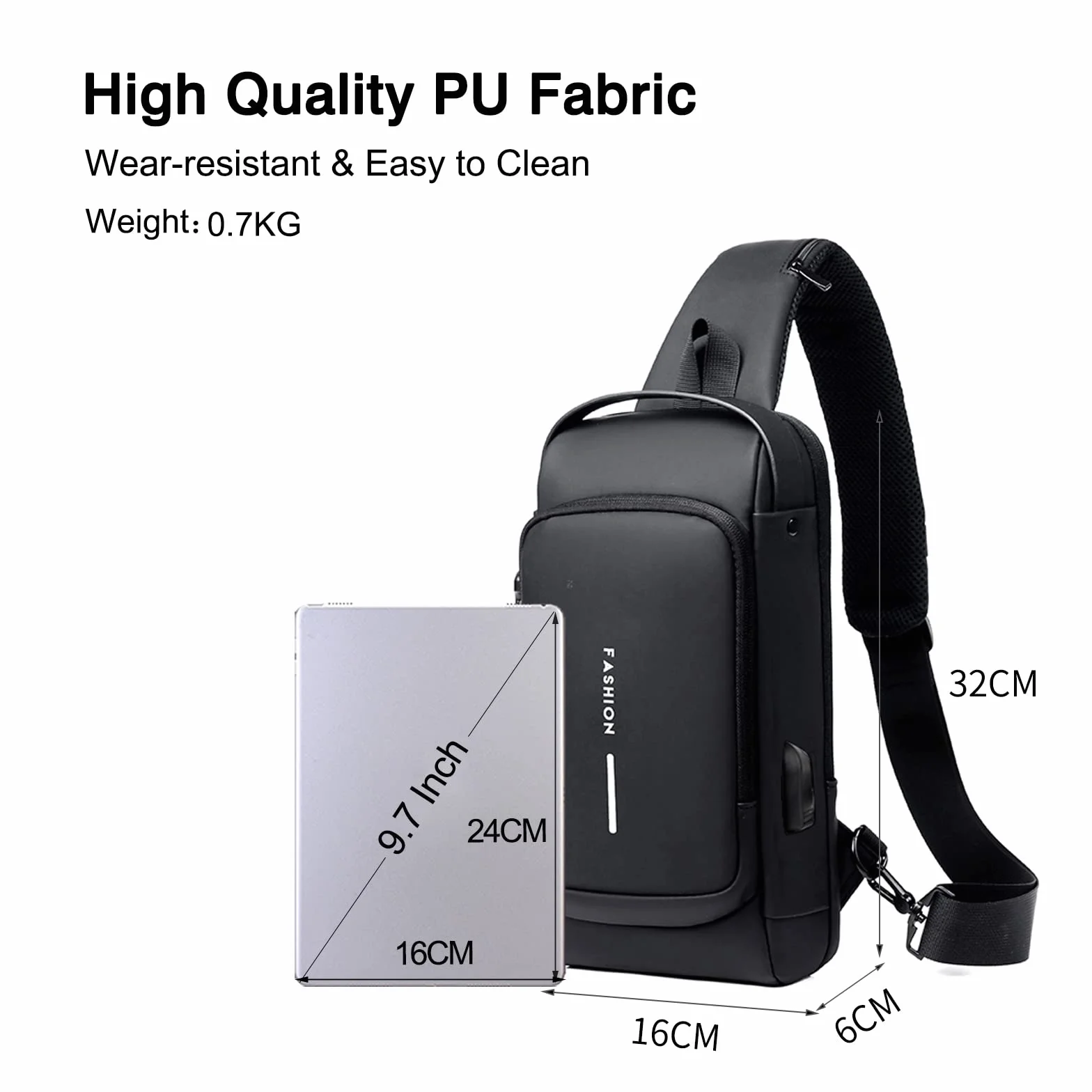 FANDARE Antifurto Zaino Monospalla Uomo Borse piccole a tracolla con USB Business Borsa a Spalla Impermeabile PU per Scuola Outdoor Ciclismo Viaggio Hiking Multitasche Piccolo Zaino