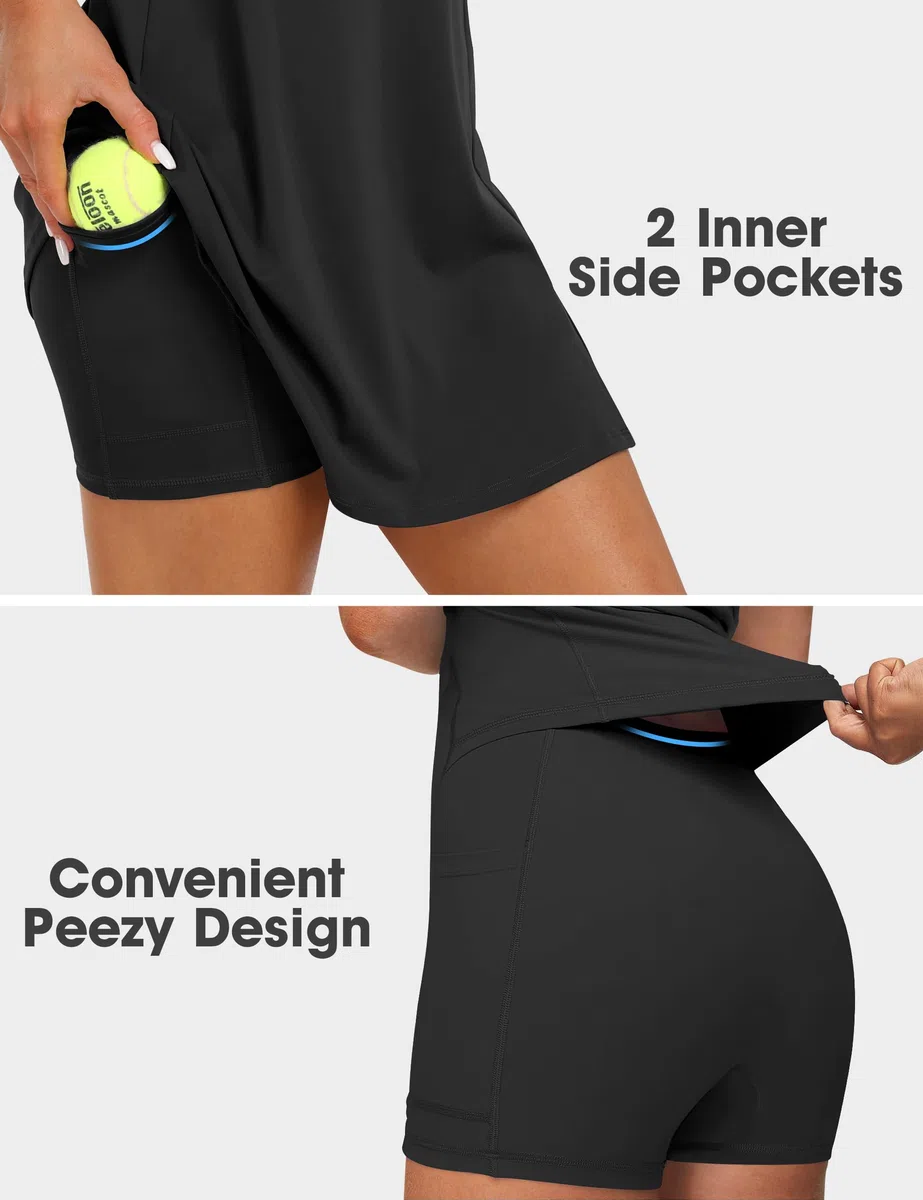 Vestito da tennis da donna, 2 in 1, da golf, con tasche integrate per reggiseno e pantaloncini, abito sportivo con cinturino regolabile, E-nero-facile Peezy, Large