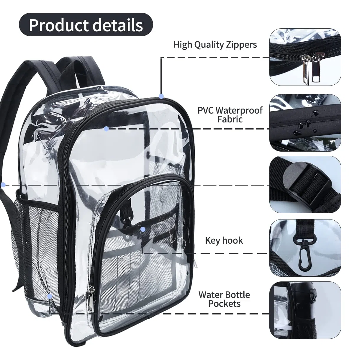 FISHSHOP Zaino in PVC Trasparente,Impermeabile Casual Bag Zainetto Zaino Trasparente Donna Uomo Zaini,Per Scuola Lavoro Viaggio Palestra Spiaggia Concerti Festival (L)
