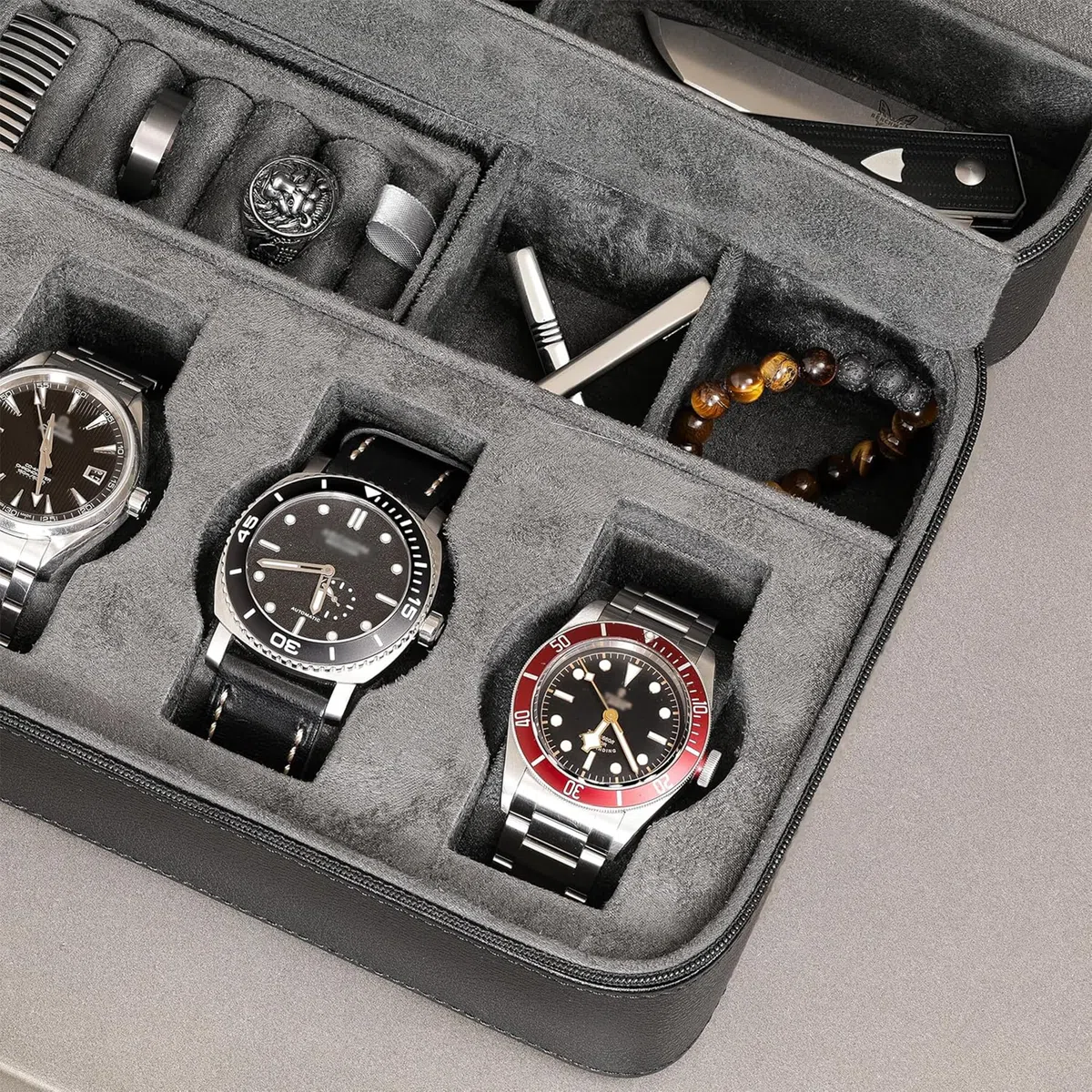 ROTHWELL Custodia da viaggio per 8 orologi, per 8 orologi, 2 paia di occhiali da sole, anelli e gemelli, resistente protezione portatile con cerniera, adatta a tutti gli orologi da polso e smartwatch