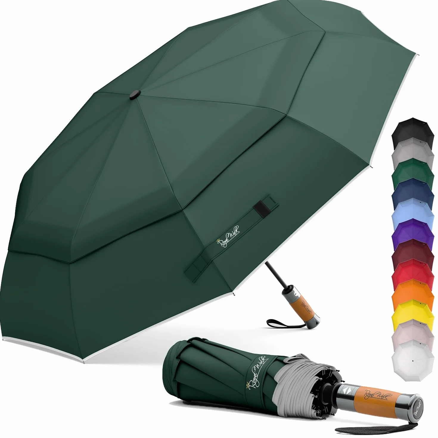 Royal Walk Ombrello da viaggio pieghevole antivento, compatto e resistente, con manico in vero legno, apertura automatica, chiusura automatica, doppia tettoia per uomini e donne, Verde scuro, L,