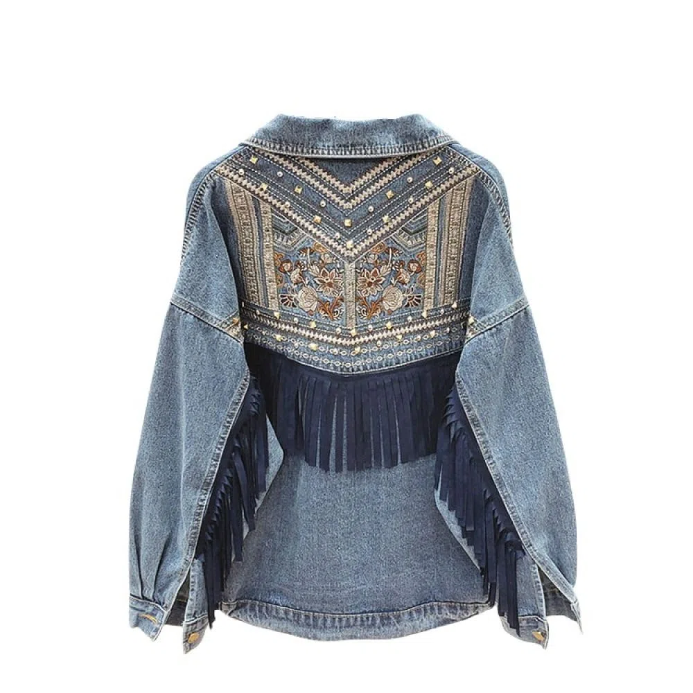 Giubbino Donna Con Nappe Boho E Ricami Floreali In Camoscio - Giacca Di Jeans Con Frange Top Su Misura Elasticizzato Con Bottoni Trucker Cappotto Cardigan Corto