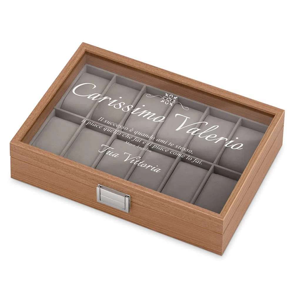 Maverton Cofanetto Porta Orologi con 12 scomparti - Custodia orologi in legno - Coperchio in vetro - Fodera in velluto grigio - incisione personalizzata - regalo uomo - Vita
