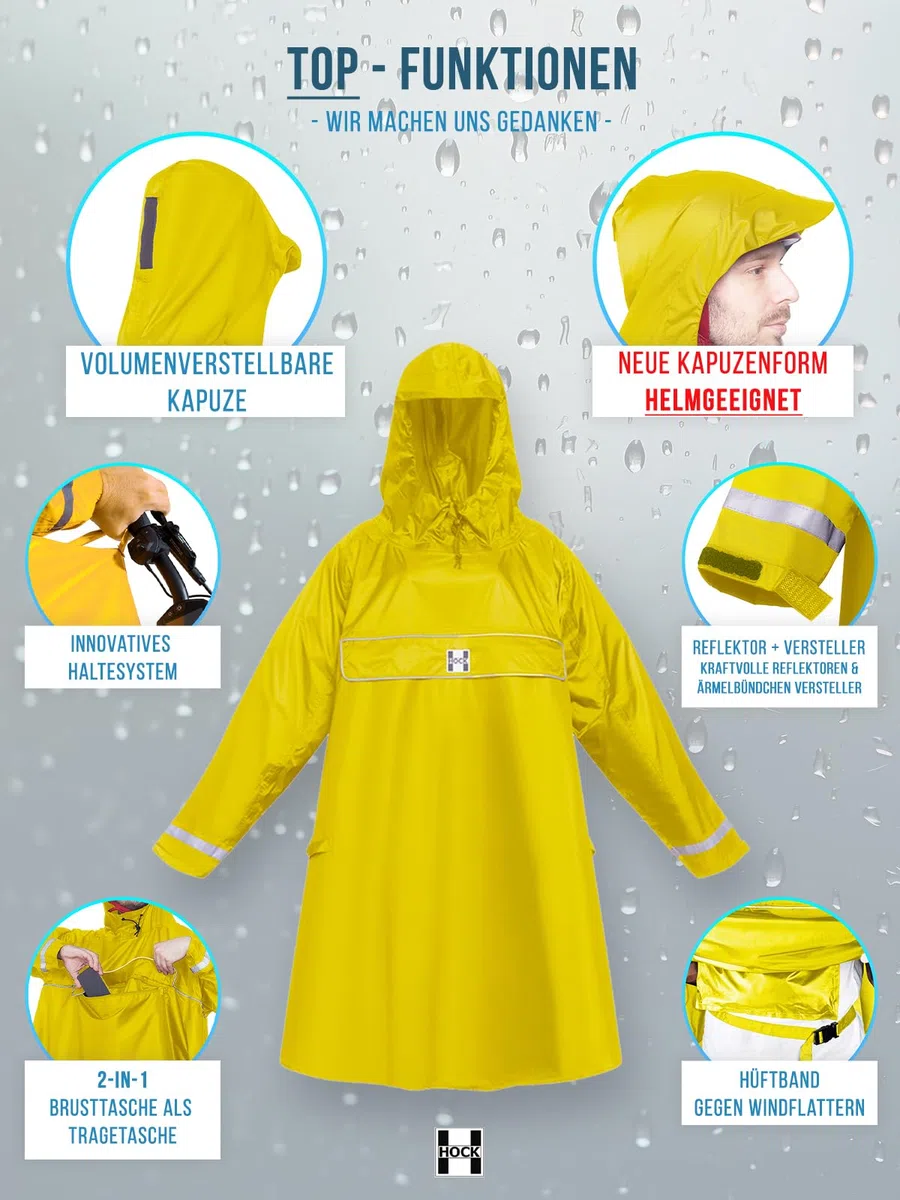 HOCK Poncho antipioggia per bici elettrica premium con maniche per bicicletta ed e-bike, impermeabile al 100%, Giallo, L
