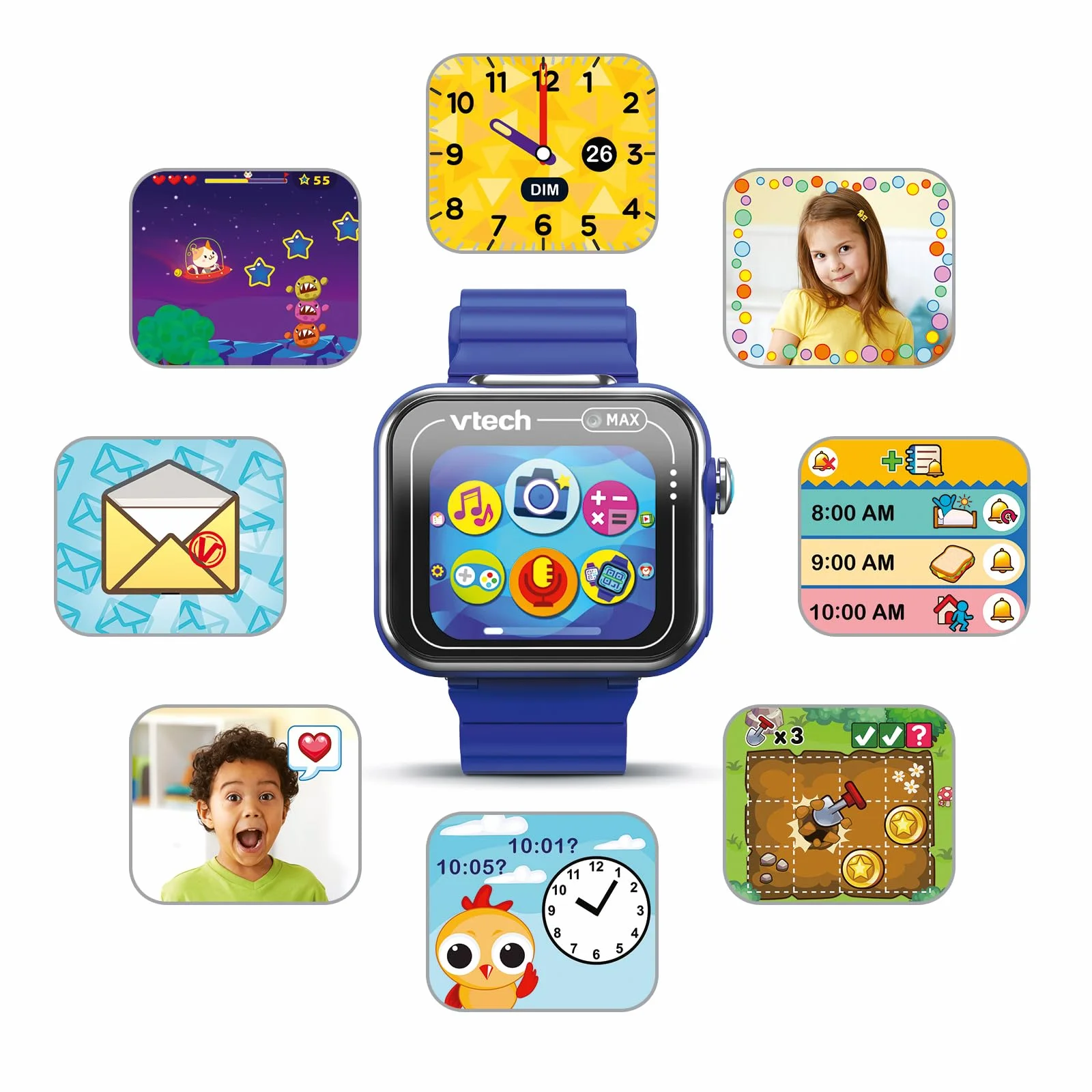 Vtech - Kidizoom Smartwatch MAX Blu, Smartwatch per Bambini Doppia Macchina Fotografica Video Giochi Schermo Touch Orizzontale Versione ESP