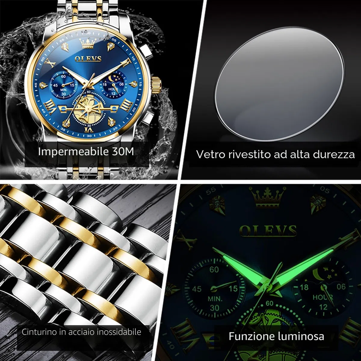 OLEVS Orologio da uomo con codice temporale, cinturino in acciaio inossidabile, impermeabile, multi funzionale, orologio da lavoro, al quarzo, rotondo, lussuoso, per uomo