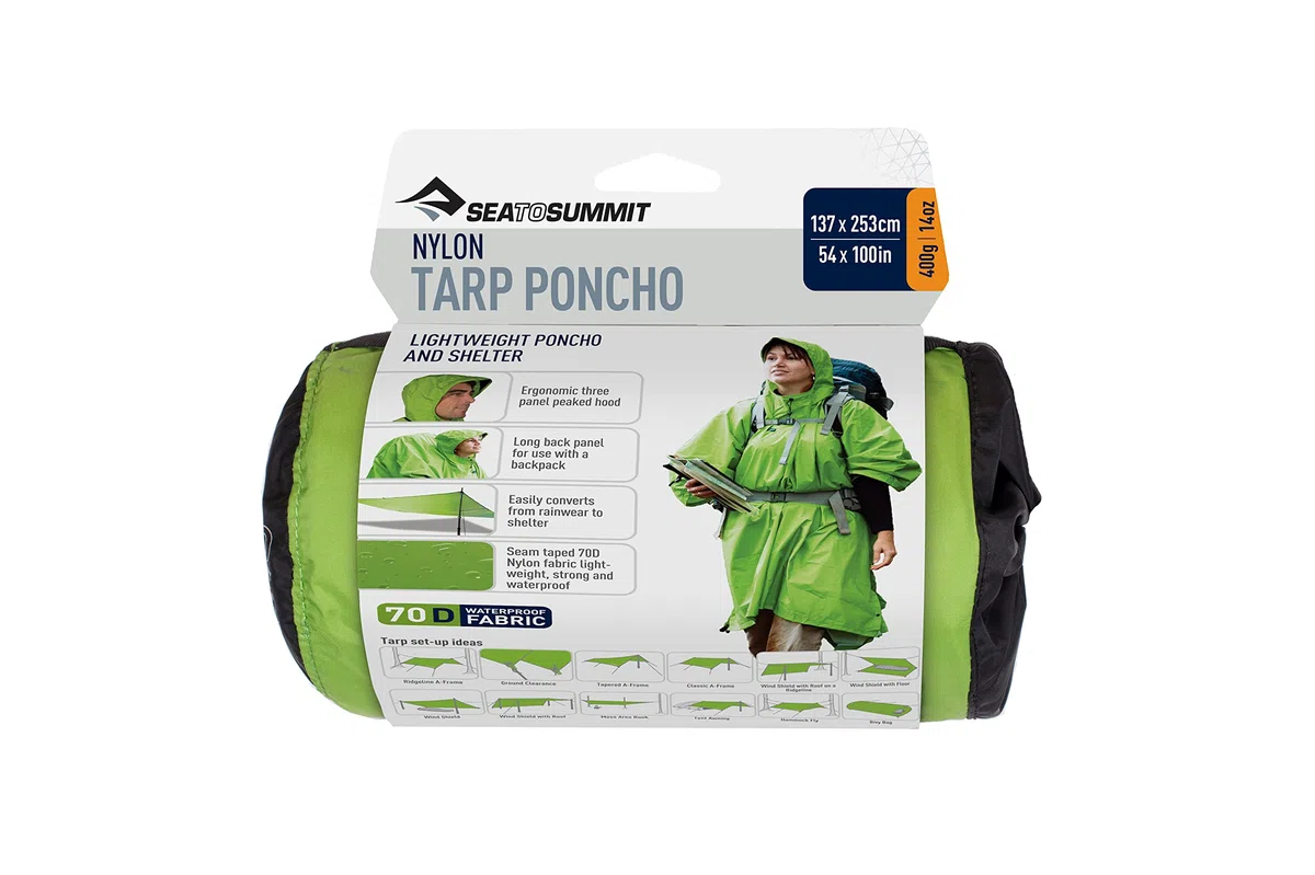 Sea to Summit - Nylon Tarp Poncho - Lightweight & Waterproof Rain Gear - with Hood - Fits A Large Backpack - Converts Into 2-Person Tarp Shelter - for Backpacking - 400g