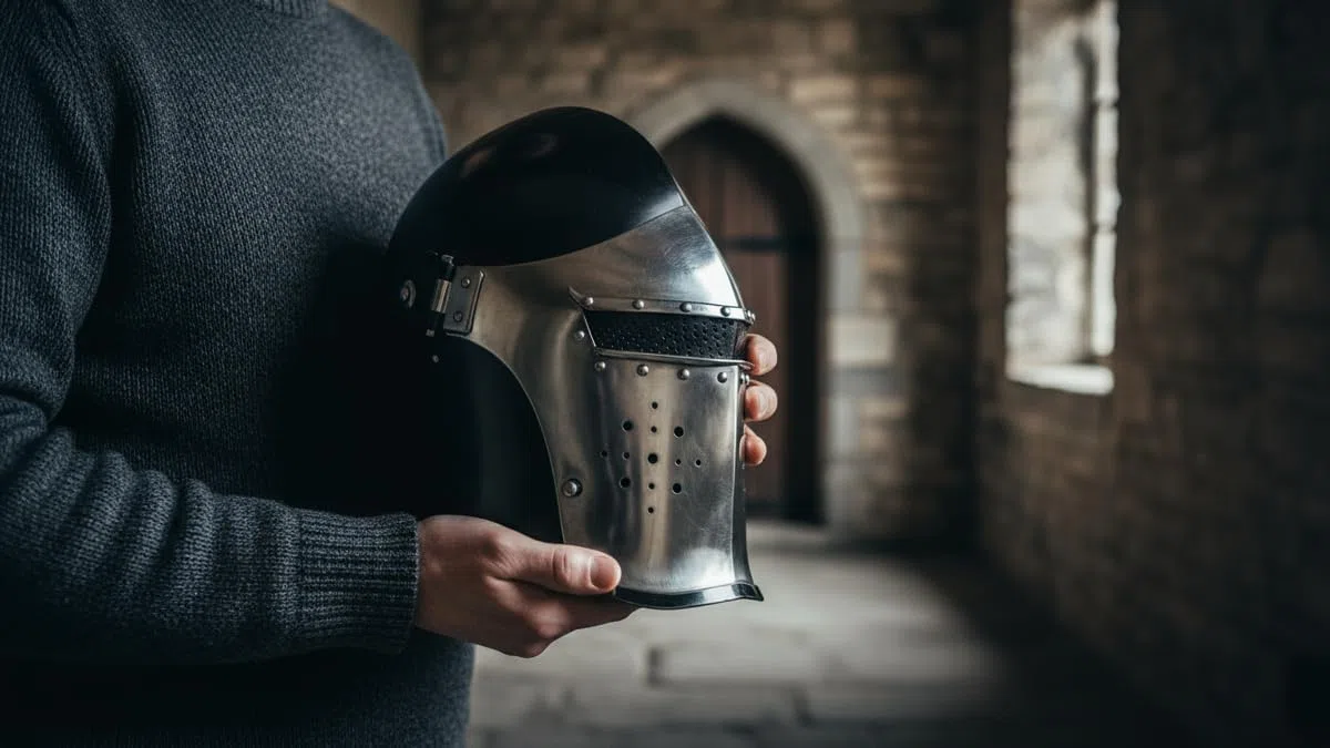 Casco medievale Barbuta Viking Battle Knight | Casco romano con visiera nera, elmo Chevalier Armatura SCA LARP Replica Costume di Halloween con fodera interna