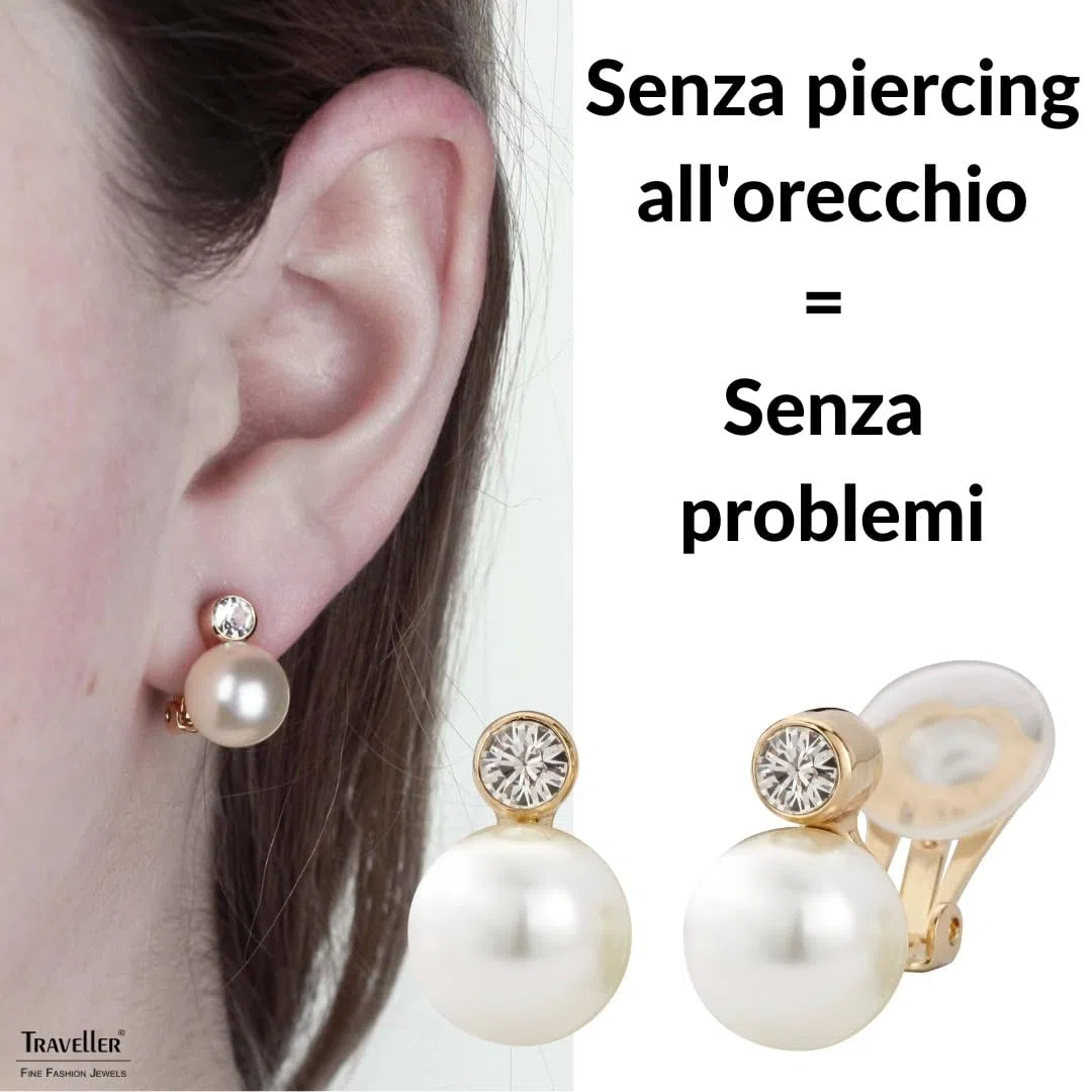 Traveller Orecchini a clip - Senza piercing all'orecchio - Perla 10 mm - Bianco - Cristallo - 15x10 mm