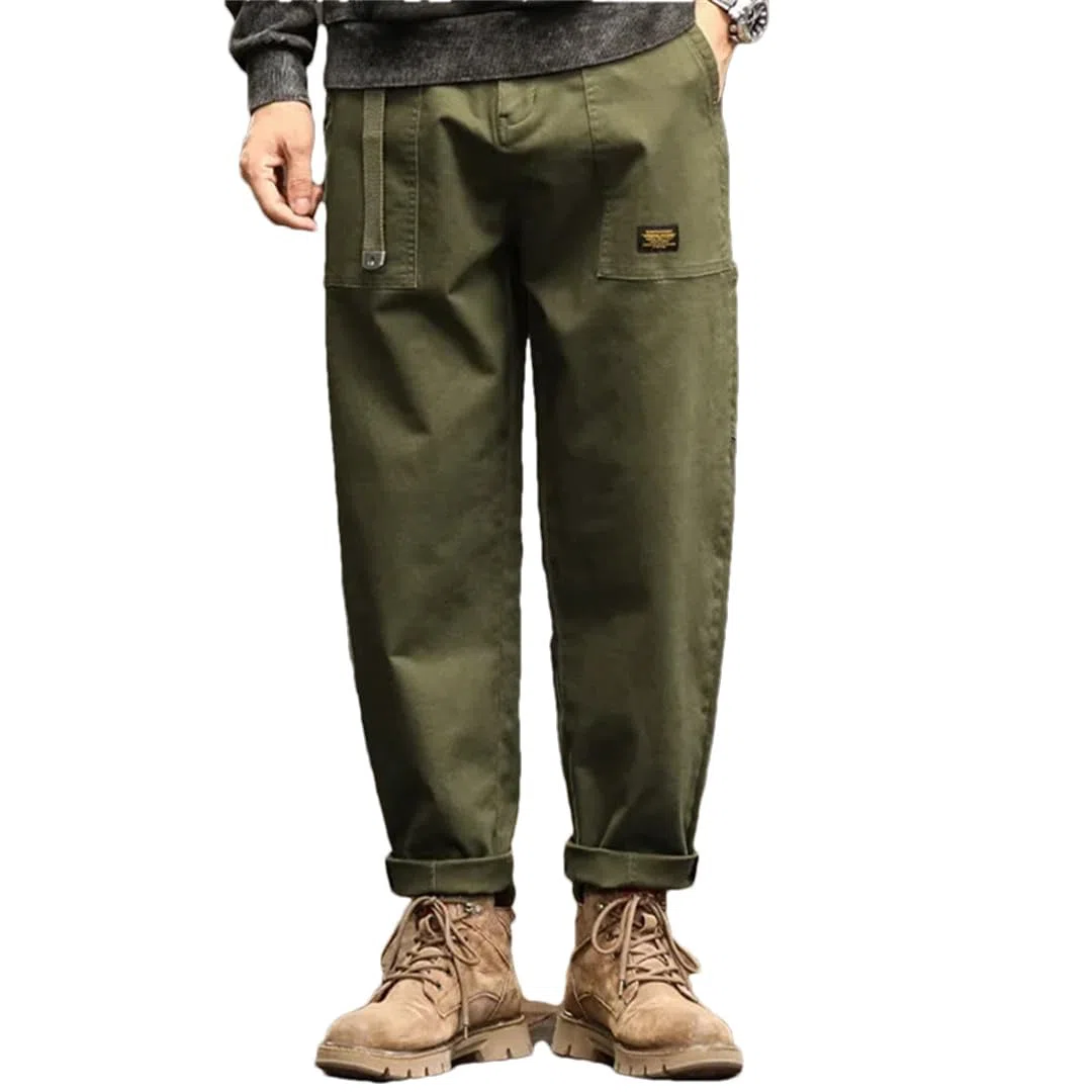 Pantaloni larghi da uomo, stile vintage, stile americano, a vita alta, EN8, pantaloni cargo