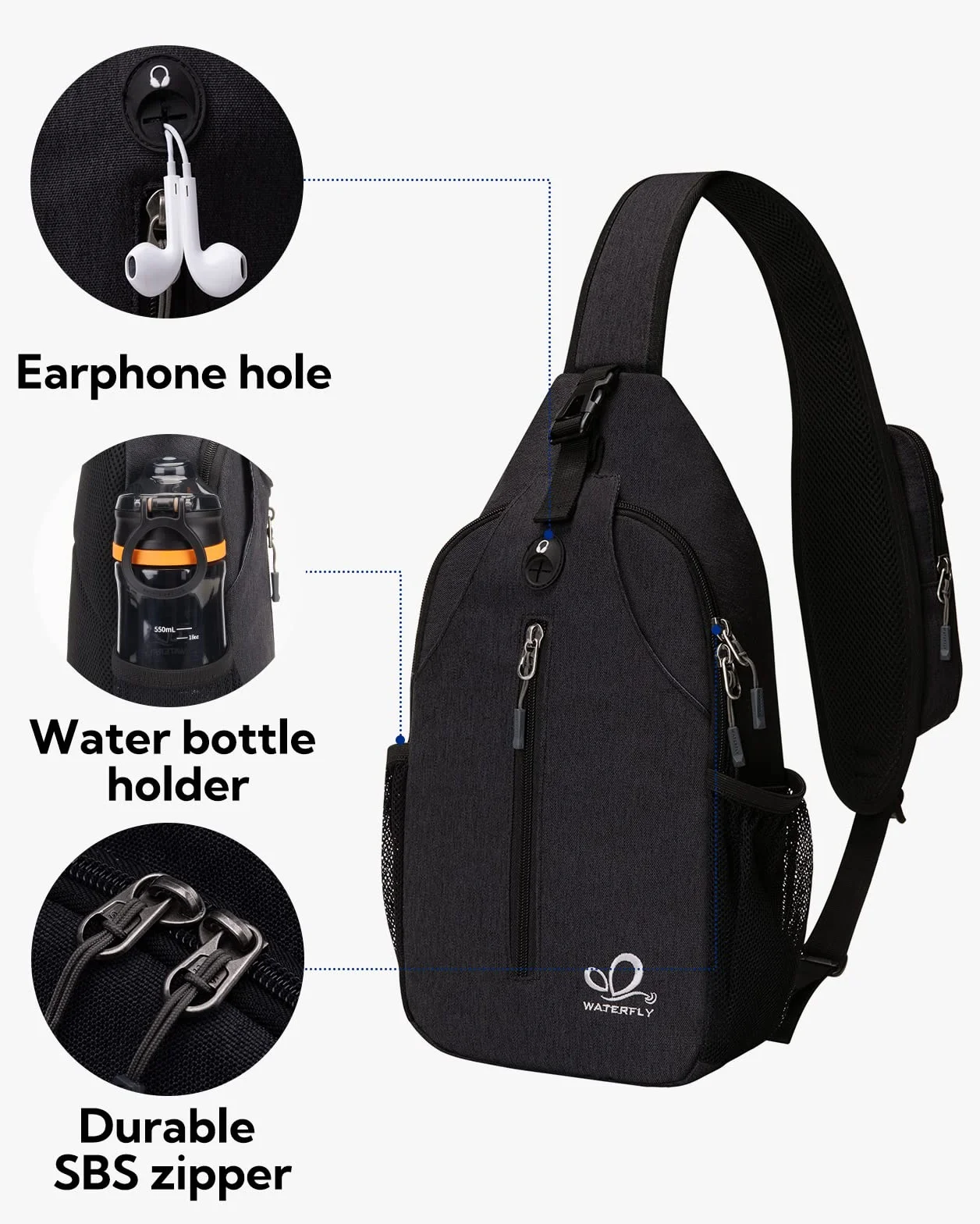 Waterfly Zaino Monospalla Sling Bag: Sportivo Borsello Monospalla Zaini Petto per Trekking Viaggio Lavoro Scuola Borsa Tracolla Monospalla Marsupio Uomo Donna