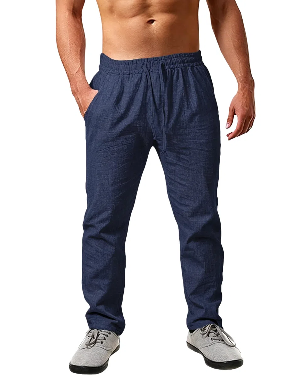 Pantaloni in Lino Estivi Uomo Leggeri Traspiranti Vestibilità Larga Vita Elastica Coulisse Tinta Unita
