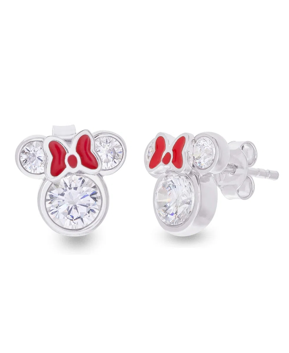 Disney Orecchini da donna Minnie Mouse, in argento Sterling con zirconi cubici e fiocco smaltato rosso