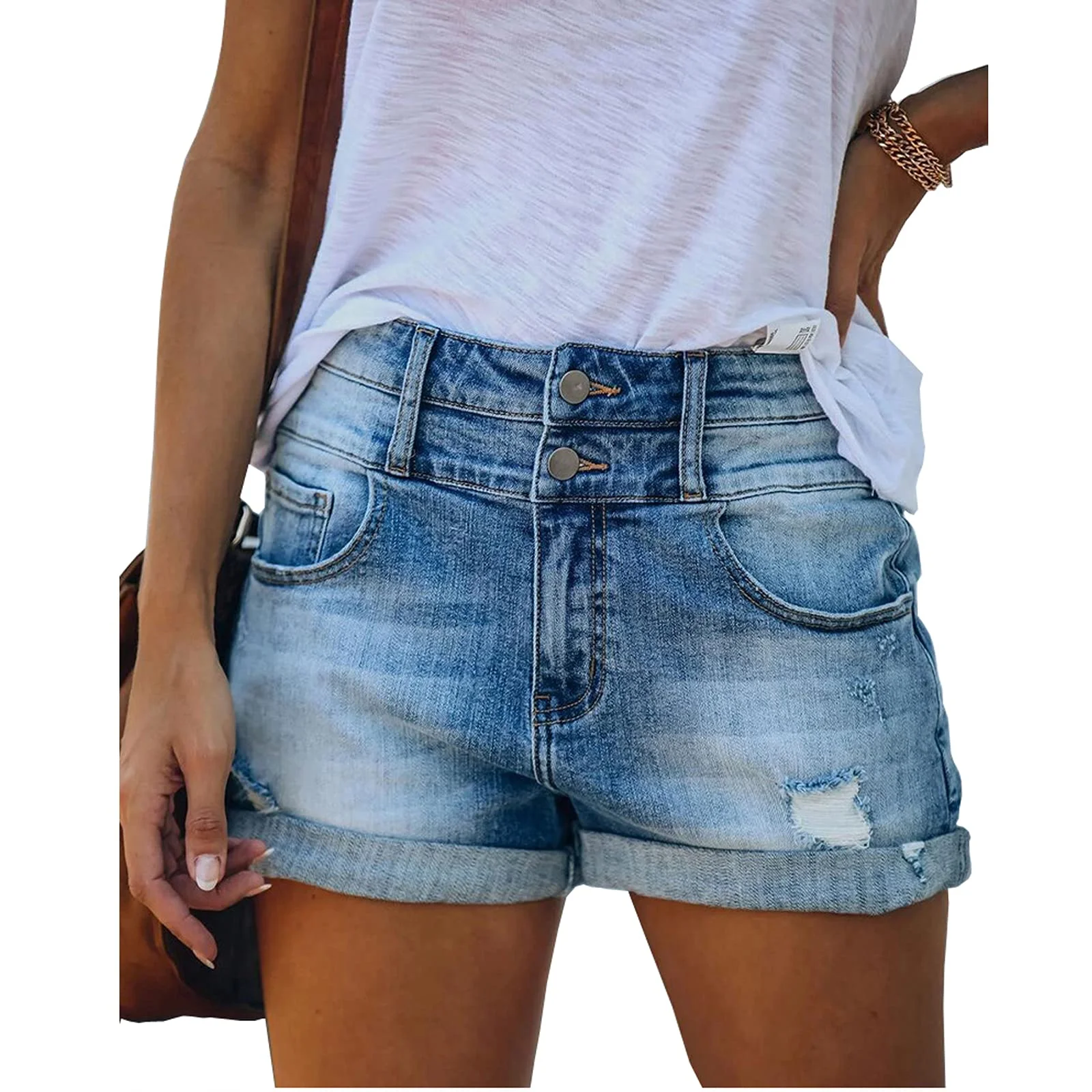 Pantaloncini casual in denim da donna a vita alta, con orlo sfilacciato strappato, jeans estivi corti, con tasche