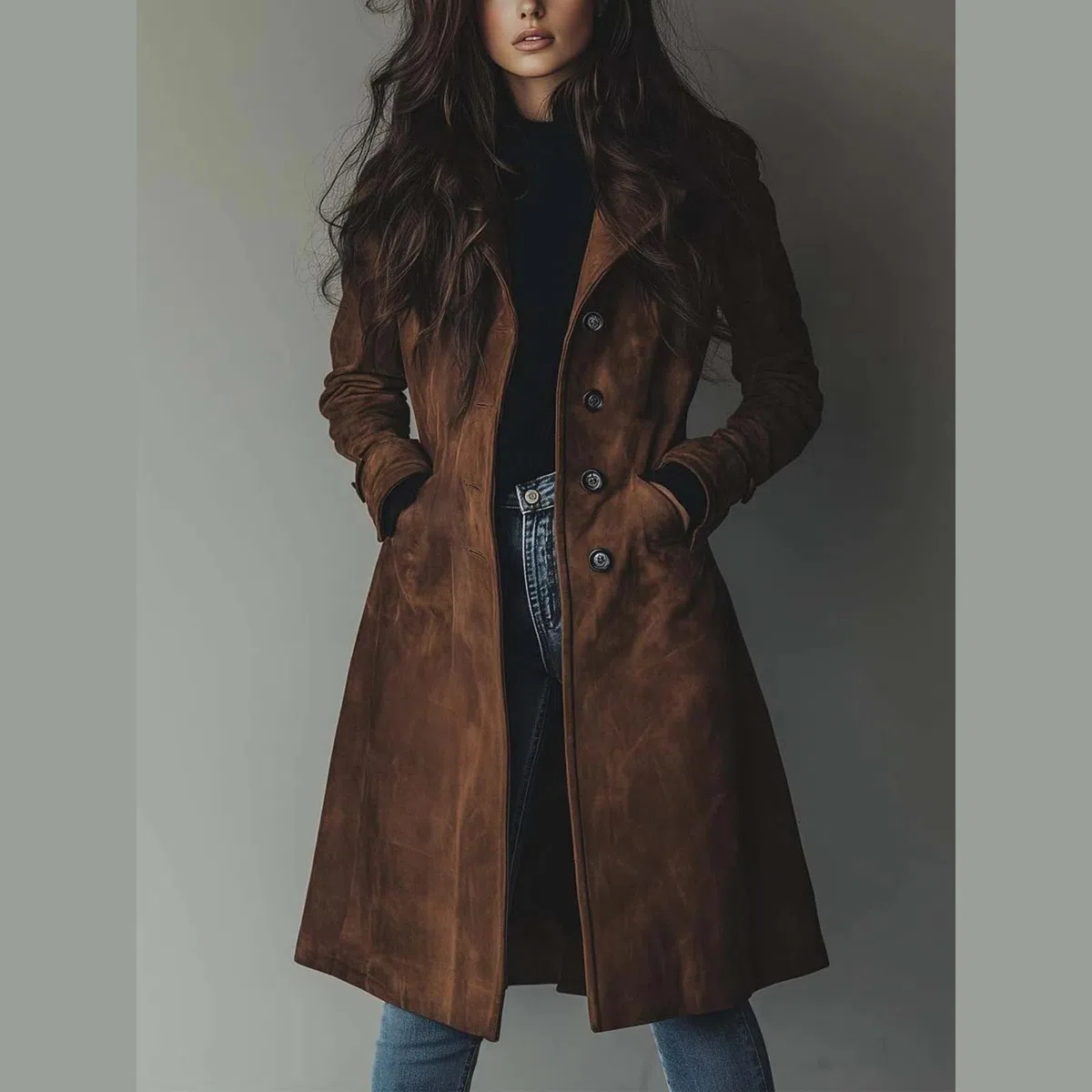 Giacca in pelle scamosciata per le donne Autunno Inverno Doppio Petto Classico Risvolto Slim Ladies Faux Suede Cappotto Trench Vintage Suede