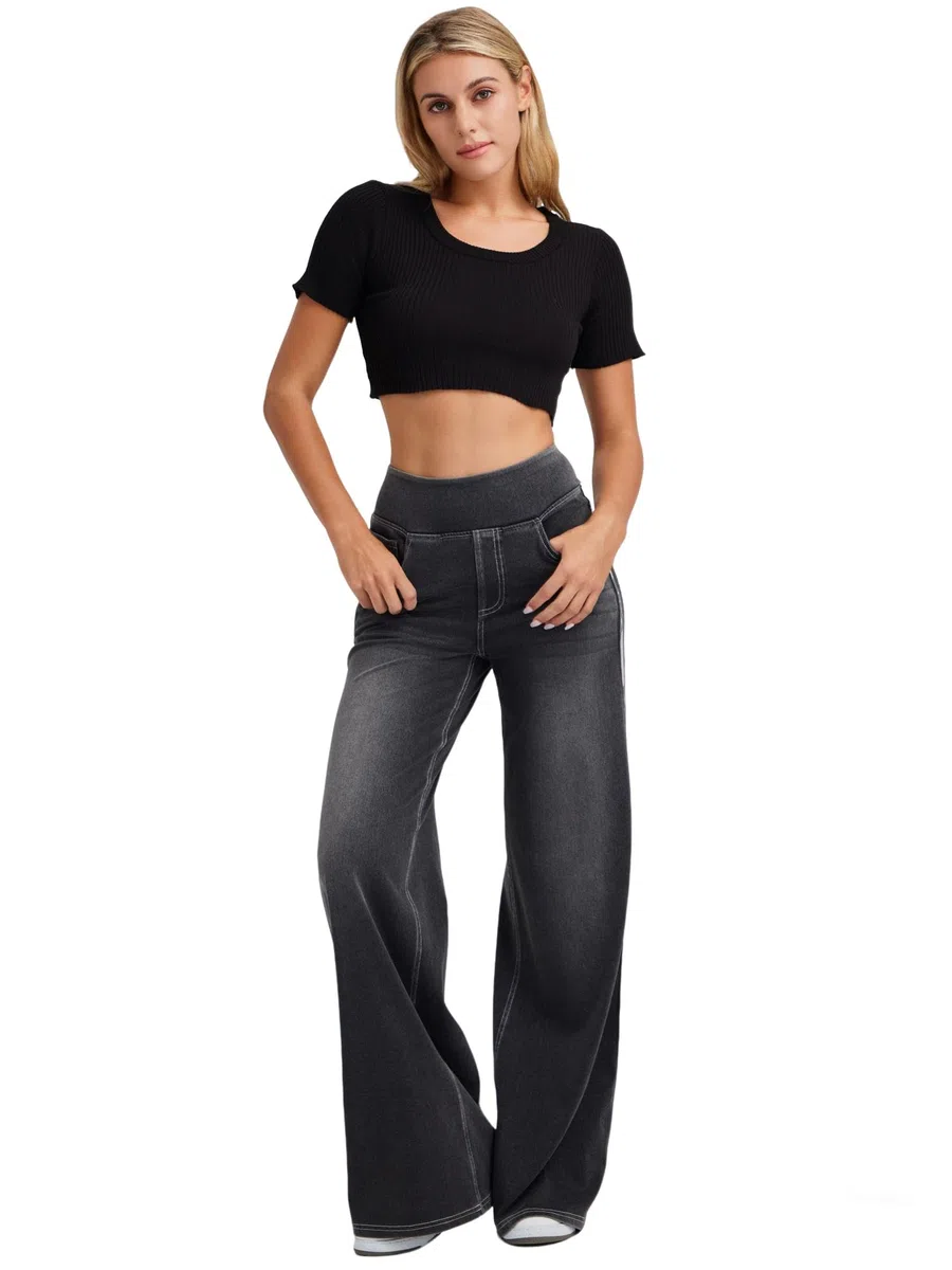 LaiEr Jeans a Gamba Larga Donne,Design Unico a Blocchi di Colore,Vita Alta con Controllo del Ventre,Fit Sviluppato Adatti per Pantaloni di Jeans Baggy con Alta Elasticità