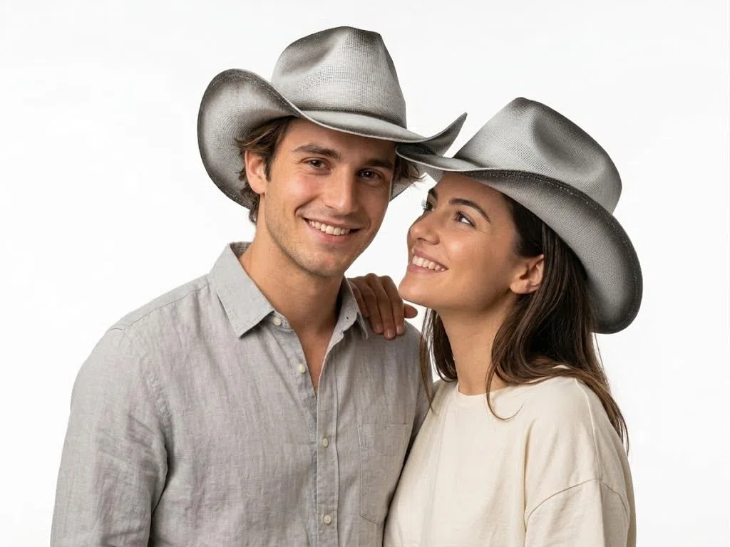 Cappello da Cowboy Stile Western in Paglia Bianco e Grigio con Effetto Sfumato Vintage per Uomo e Donna V031