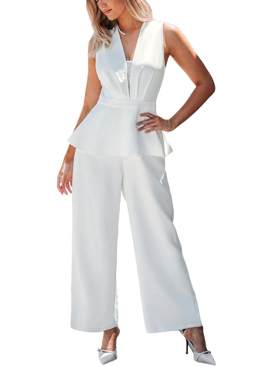 CUPSHE Tuta da donna con scollo a V, senza maniche, con volant, gambe larghe, in rete, design elegante