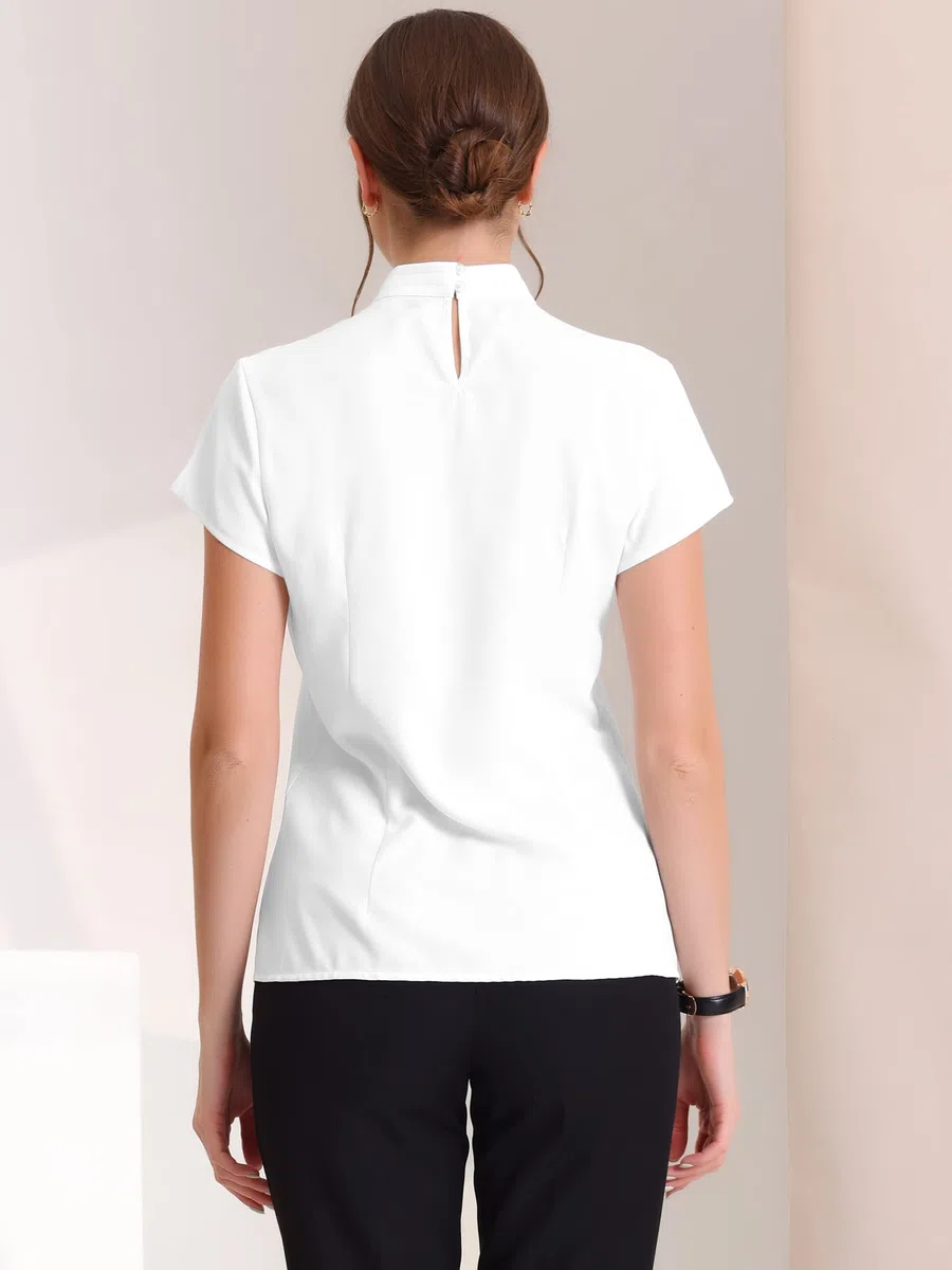 Allegra K Top da lavoro da donna con colletto alla coreana, manica ad aletta e buco della serratura sul retro, elegante