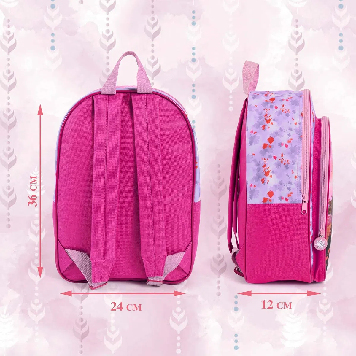 PERLETTI Zainetto Bambina Colorato Principesse Anna Elsa - Disney Frozen 2 con Pratica Tasca Frontale per Asilo - Cartella Scuola Materna Elementare Rosa e Lilla - 36x25x12 cm