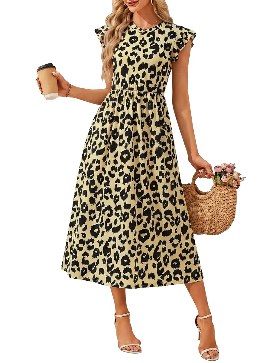 HEEKPEK Abito Estivo Donna Eleganti Chic Lungo Vestiti Scollo a Rotondo Maniche Ruffles Casual Stampa Vestito Abiti Boho Mare Spiaggia con Tasca