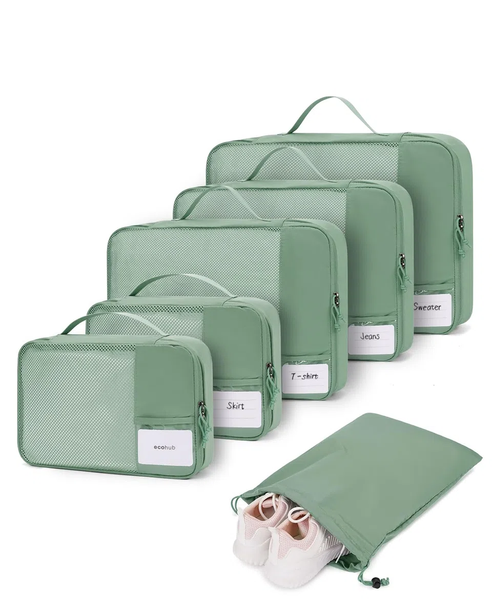 ECOHUB 6 Pezzi Organizer Valigia, Packing Cubes Salvaspazio con Tasca per Etichetta, Tessuto Ripstop Organizer Valigie, Viaggio Accessori Utili (Verde)