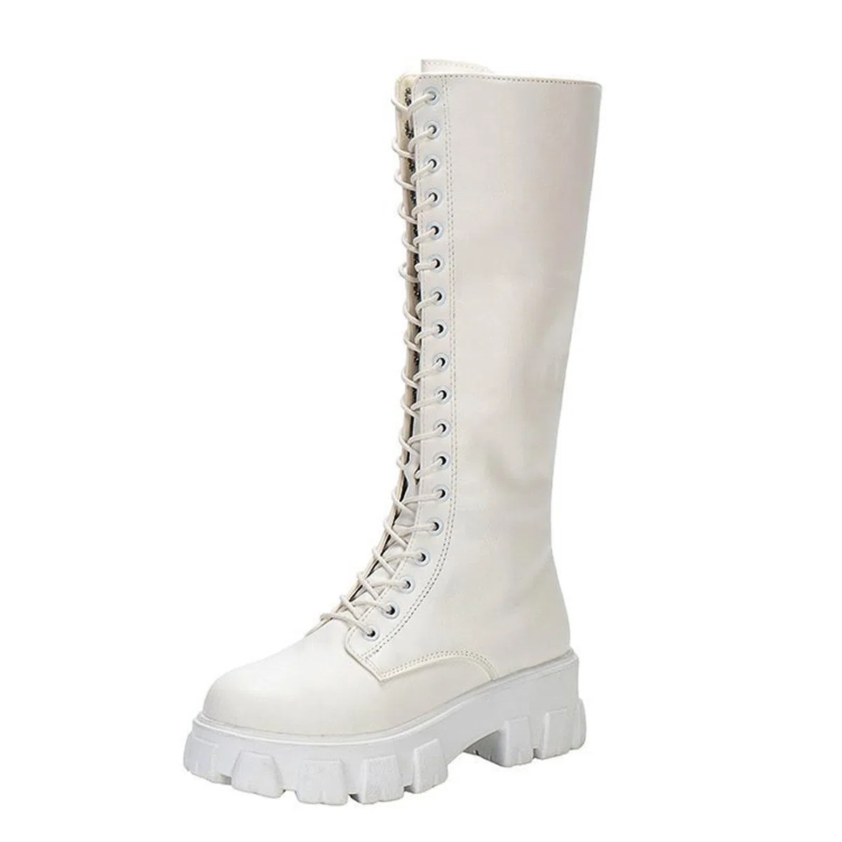 Stivali lunghi da donna con plateau britannico, in pelle, con lacci, caldi, alla moda, eleganti e alla moda, con gambo largo, in pelle con cerniera laterale