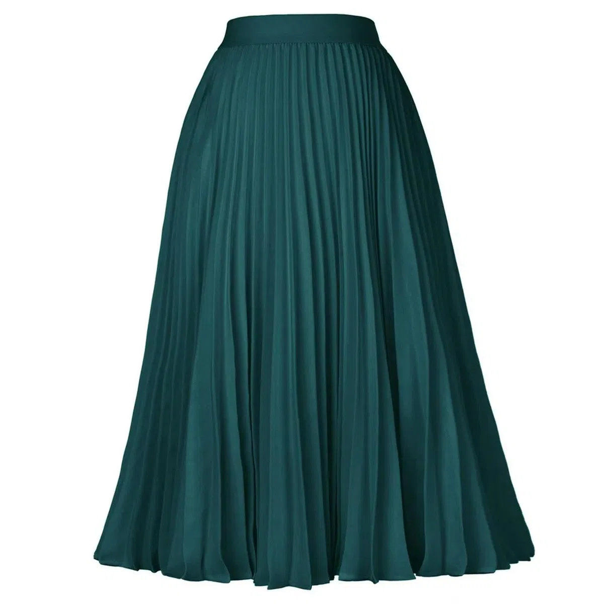 Gonna Midi in Maglia a Costine a Trapezio Svasata a Pieghe a Vita Alta da Donna Verde nerastro