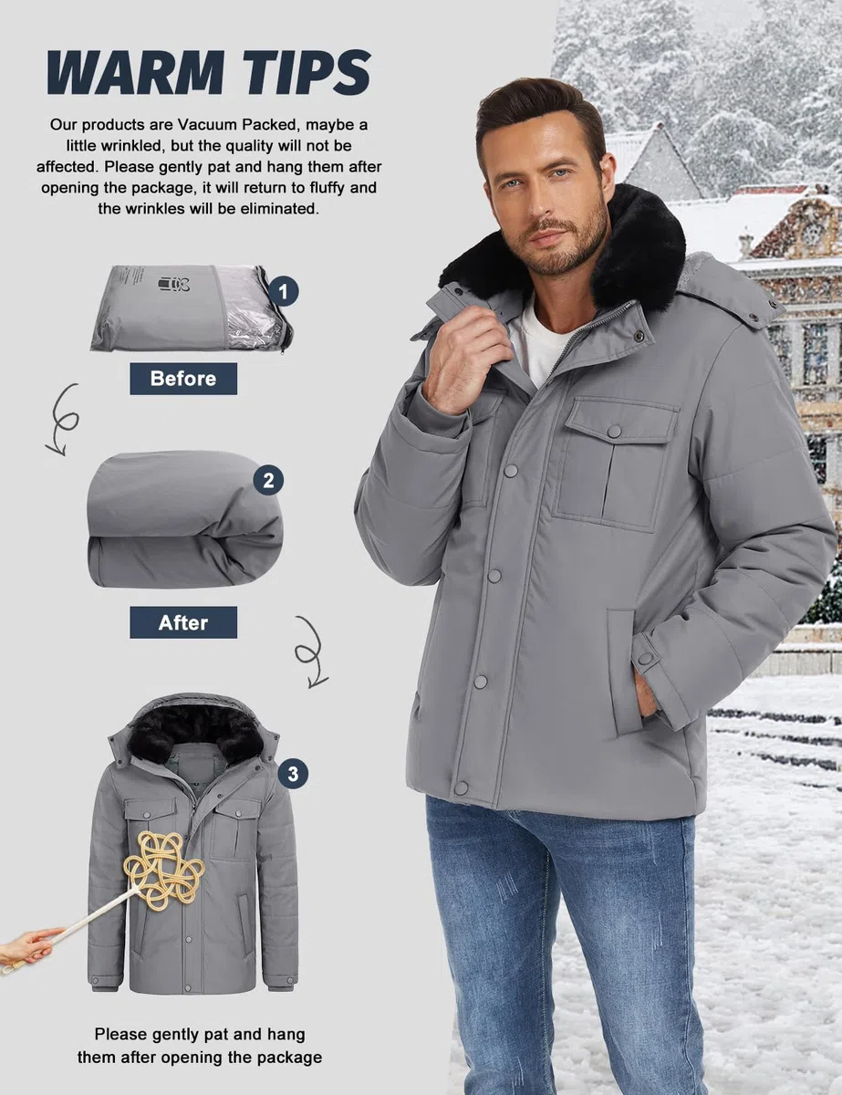 Tuopuda Uomo Giacca Invernale con Cappuccio, Giubbotto in Pile Casual Parka Cappotto Termico Imbottito Giacche con Cerniera e Tasche Giubbino Primavera Autunno