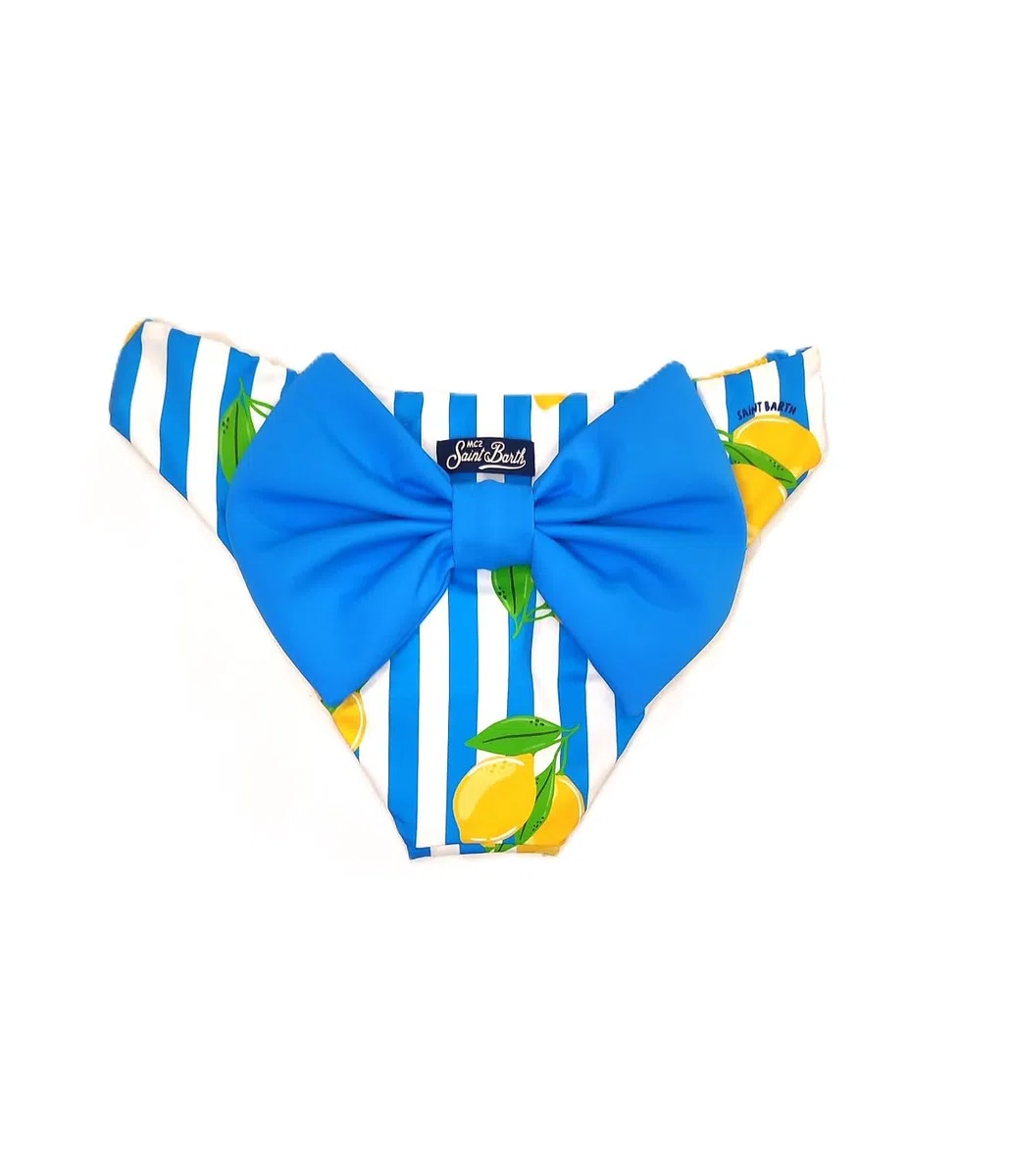Saint Barth MC2 Costume Slip da Bambina a Righe Azzurre con Stampa Limoni e Fiocco sul Dietro