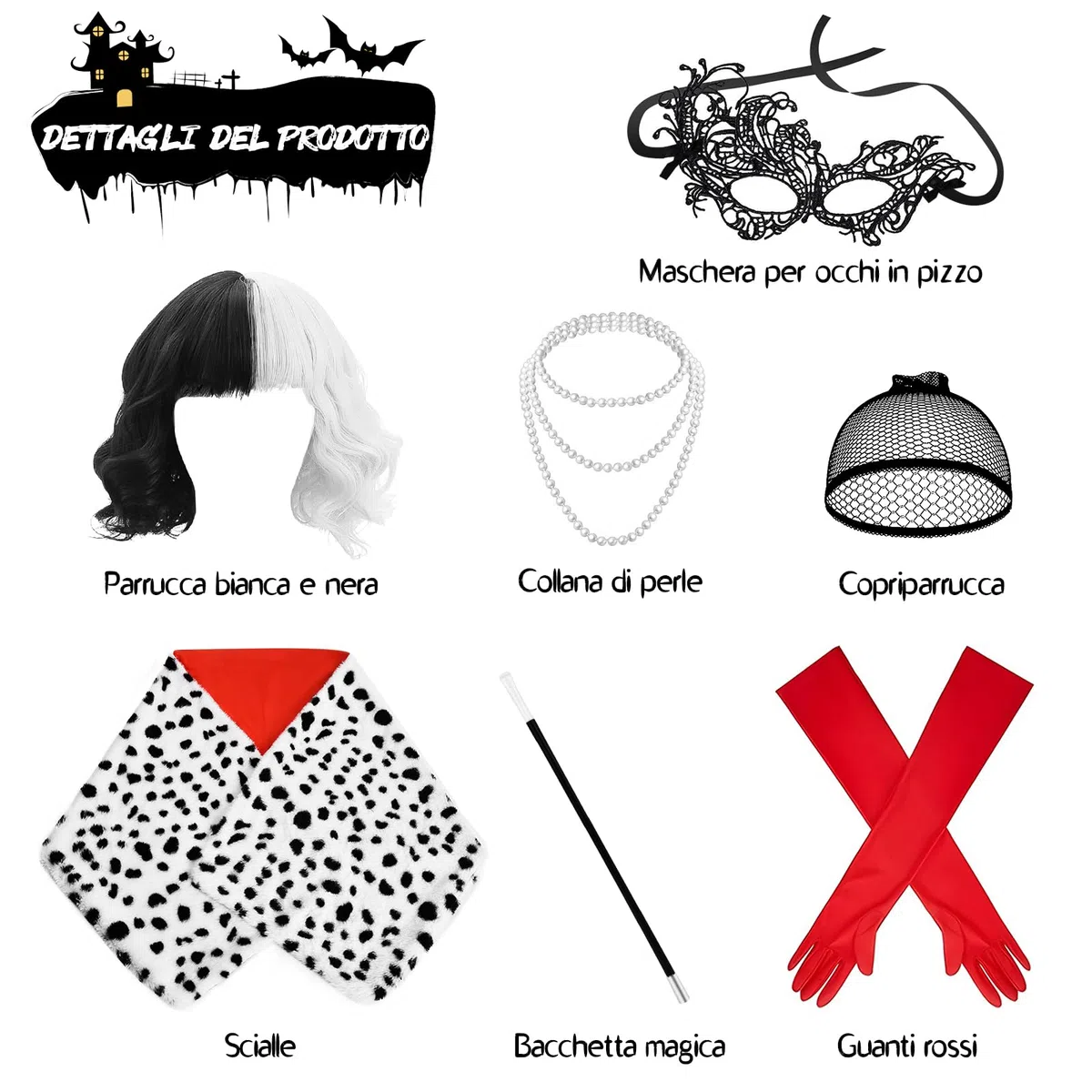 Aragallant Cruella Parrucca in Bianco e Nero, Costume Crudelia Demon Donna, Parrucca Crudelia Demon, Costume di Halloween Accessori con Guanti Rossi, Collana