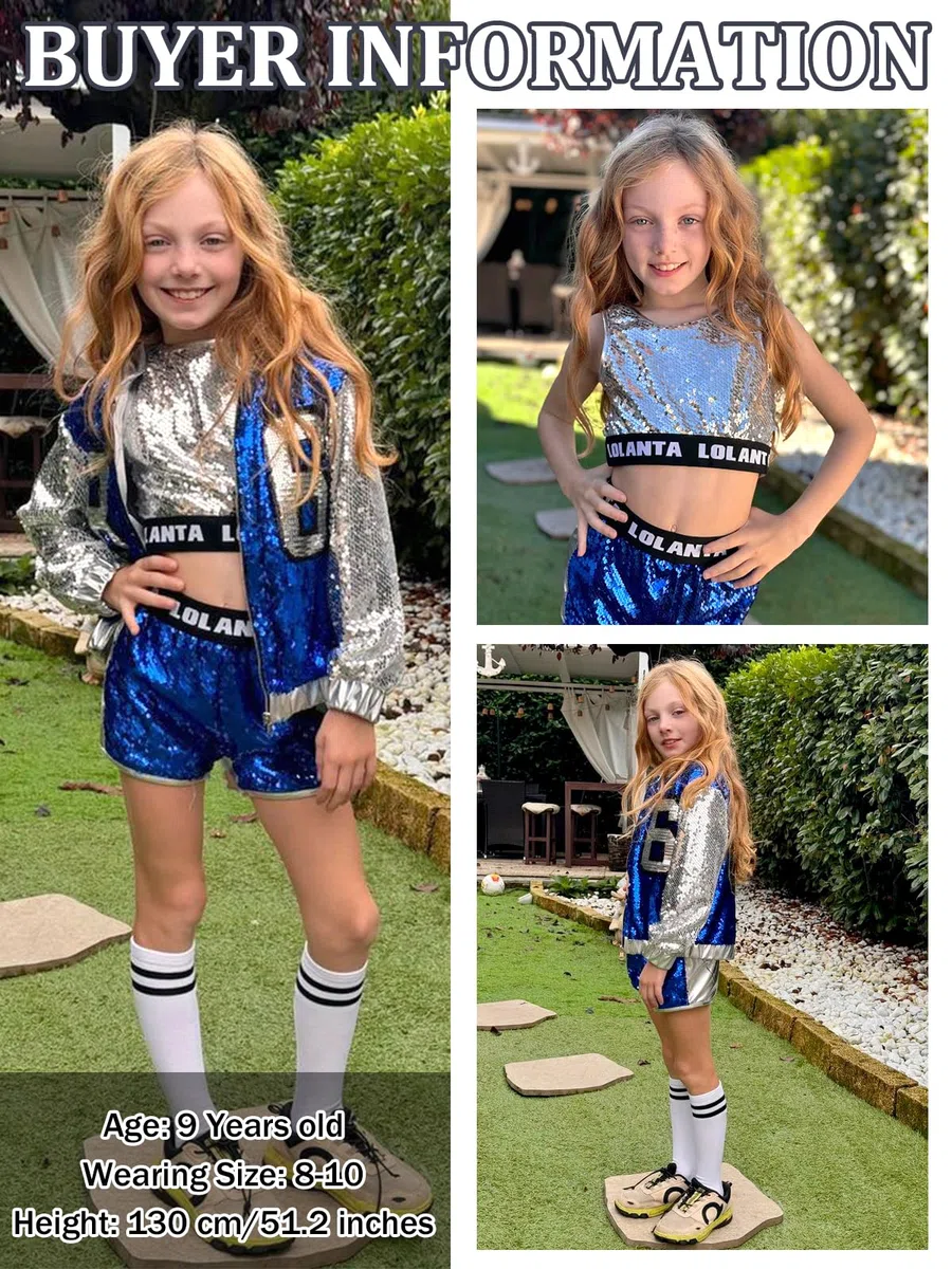 LOLANTA 4 Pezzi di Ragazze con Paillettes Costume da Ballo per Bambini Hip-Hop Stree Abiti da Ballo Set Calze attaccare, 4-15 anni