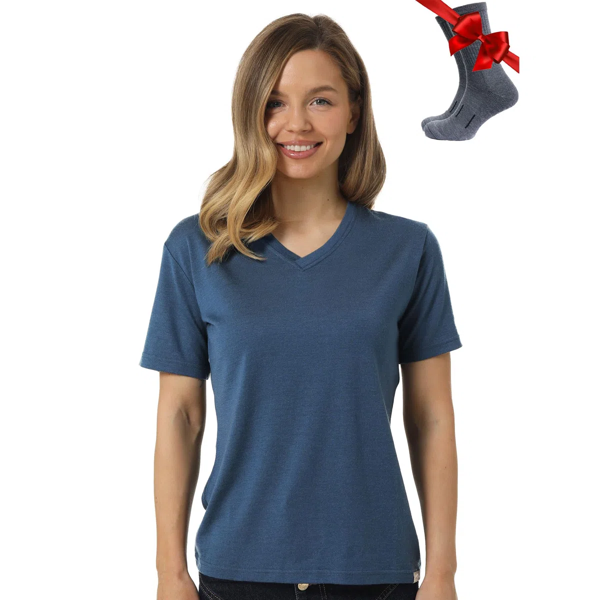 Merino.tech 100% Merino T Shirt Damen - Merinowolle Sport Wandern Thermoshirt Damen + Wandersocken (Medium, Denim V-Neck)