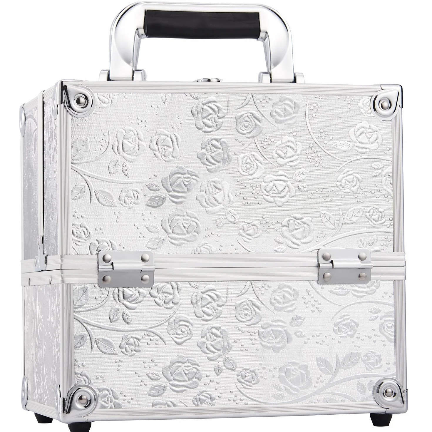 Valigetta Trucchi Valigetta Per Cosmetici Valigia Trucchi y 4 Vassoi Makeup Case Valigetta Unghie Beauty Case Cofanetto Organizzatore Trucco da Viaggio Professionale, Rosa d'argento
