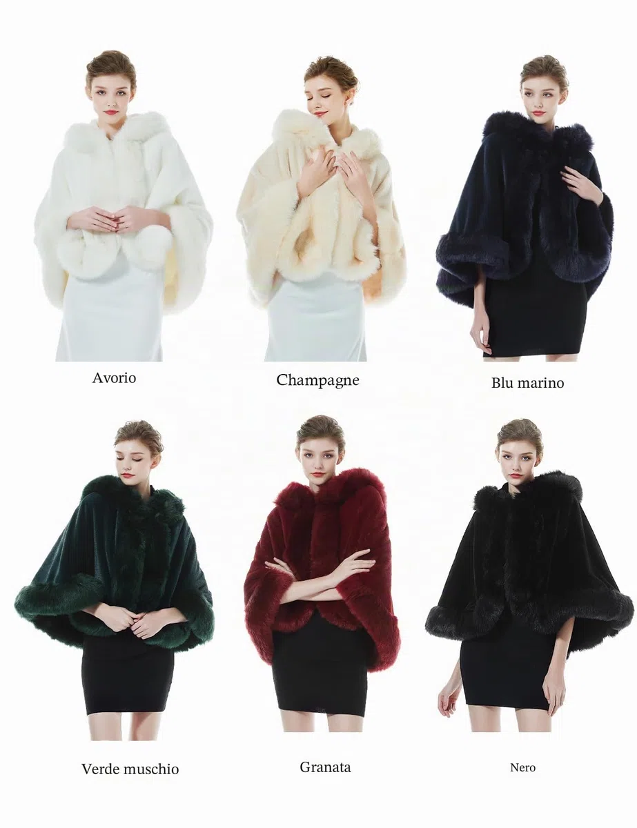 BEAUTELICATE Donna Mantello Corto con Cappuccio in Pelliccia Sintetica Stola in Pelliccia Caldo Cappotto per Matrimonio Invernale Sposa