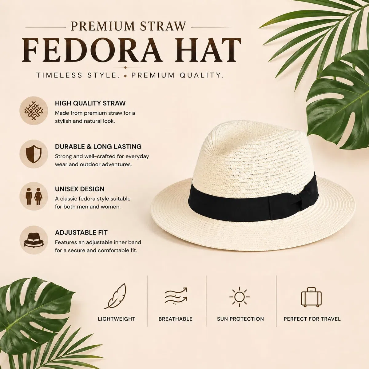 Cappello Fedora Panama estivo pieghevole in paglia di carta, unisex, con fascia e fascia regolabile