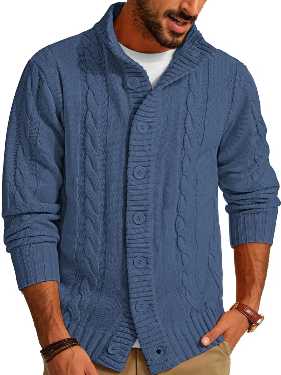 PJ PAUL JONES Cardigan da uomo con chiusura a bottoni, motivo a treccia, con colletto alto a coste, per autunno e inverno