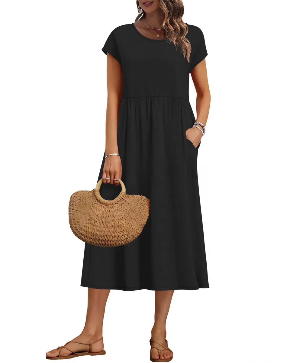 AUSELILY Vestito Estivo da Donna a Maniche Corte Abiti Casual Larghi Abito Midi con Scollo a Girocollo e Tasche