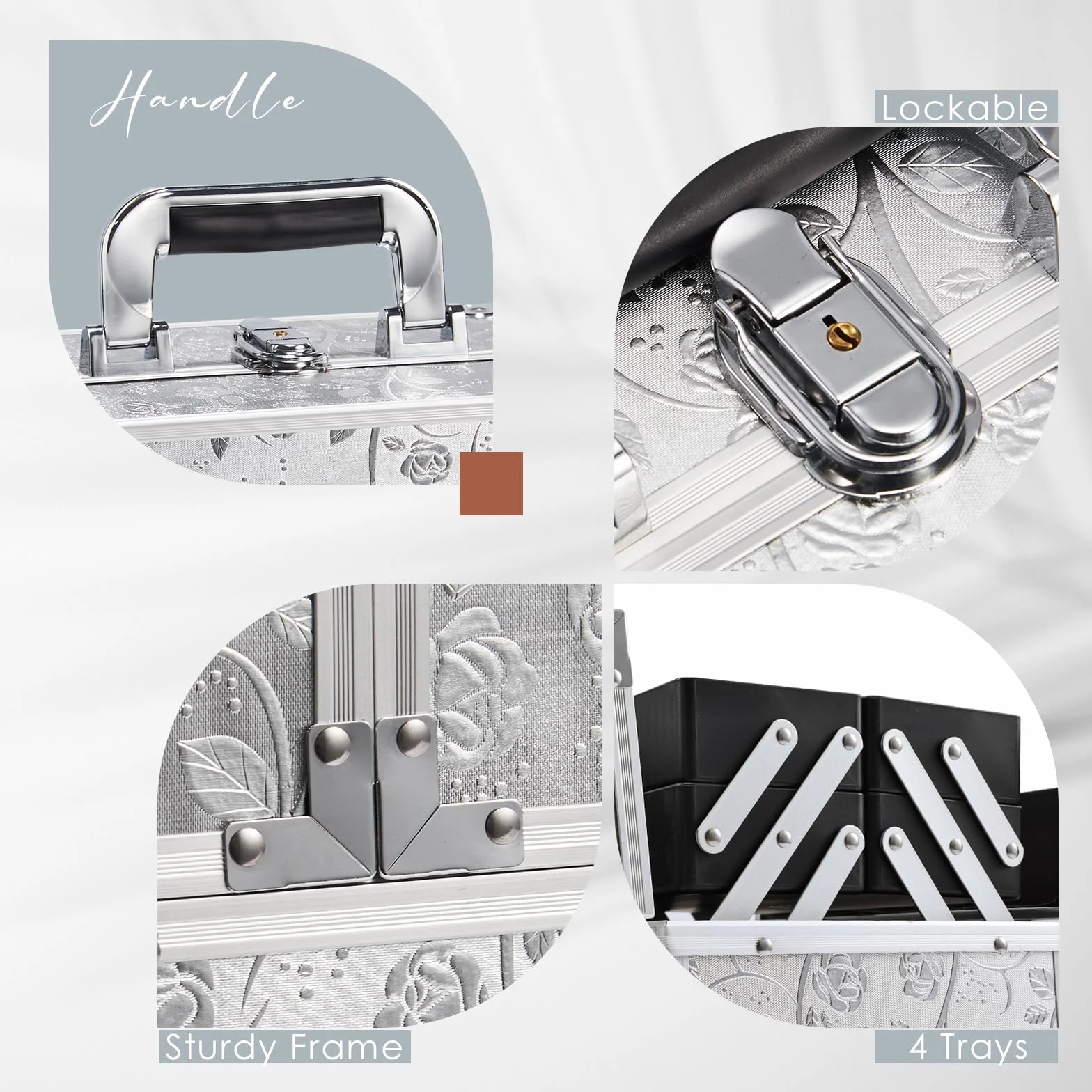 Valigetta Trucchi Valigetta Per Cosmetici Valigia Trucchi y 4 Vassoi Makeup Case Valigetta Unghie Beauty Case Cofanetto Organizzatore Trucco da Viaggio Professionale, Rosa d'argento