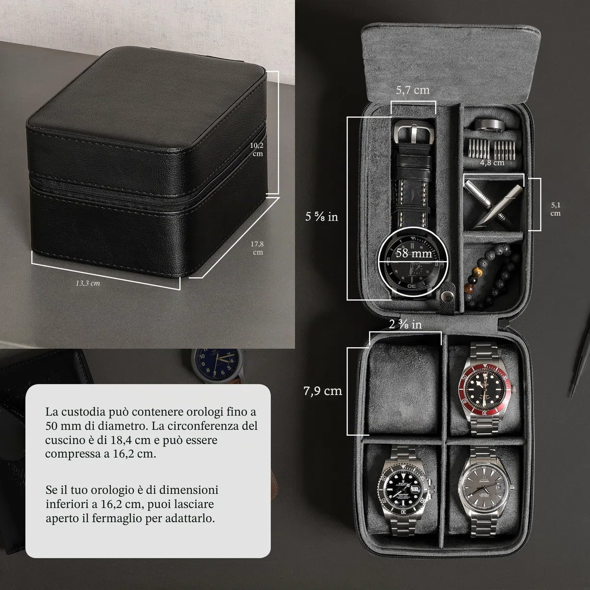 ROTHWELL Custodia da viaggio per 5 orologi, custodia per 5 orologi, resistente custodia portatile con cerniera, adatta a tutti gli orologi da polso e orologi intelligenti fino a 50 mm, custodia per