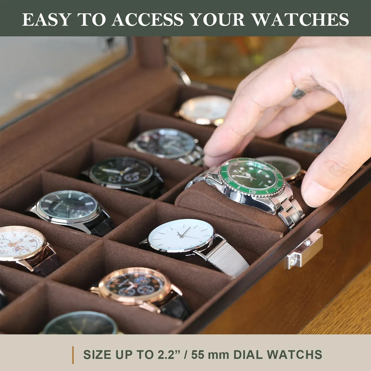 Slege porta orologi in Legno a 12 Posti,Scatola per orologi in Legno,Elegante Porta orologi uomo,Vetrina in Vetro Porta orologi per 12 orologi,Watch box per uomo Regalo (Marrone)