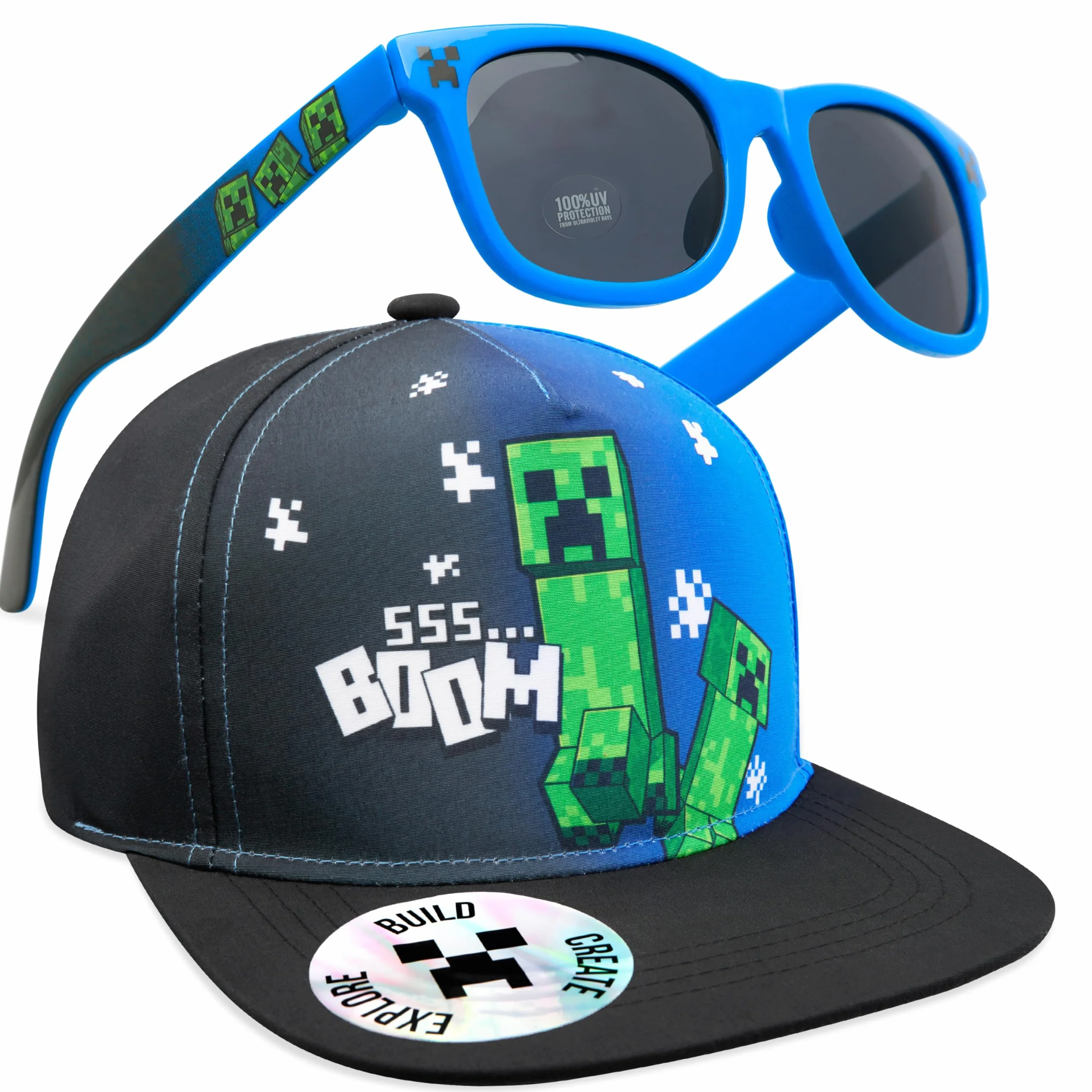 MINECRAFT Occhiali Sole Cappello Bambino Set Creeper Berretto Baseball Regolabile Visiera UV