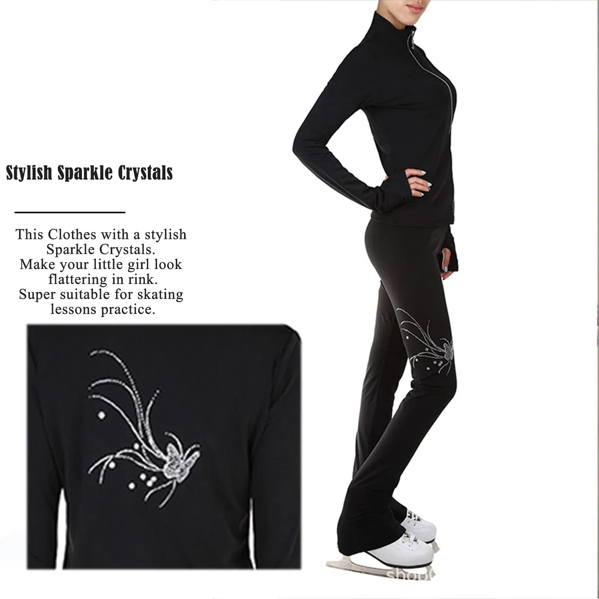 Generico Pantaloni E Giacche da Pattinaggio Artistico Sets per Donna E Ragazza, Tute Pattinaggio Artistico Professionale Caldo per L'allenamento(Size:160,Color:Nero)
